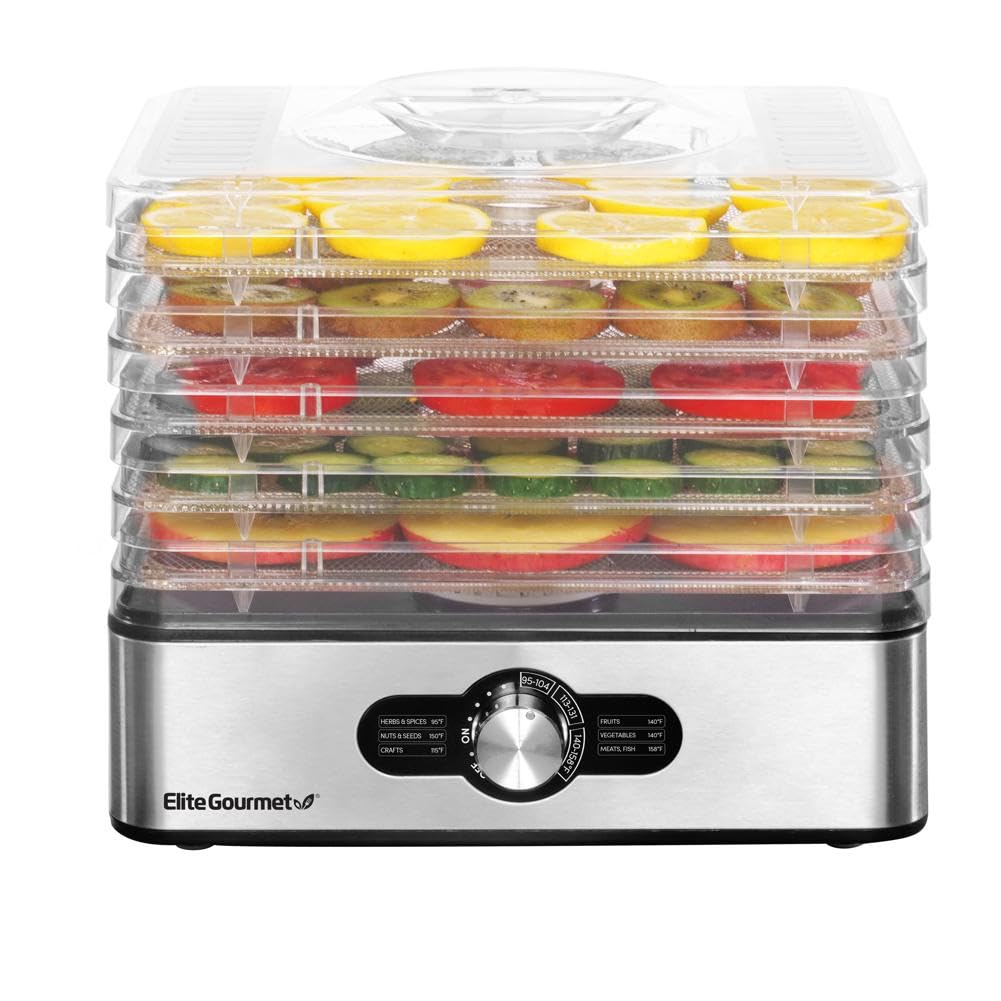 Elite Gourmet Efd3321 Food Dehydrator, Stainless Steel Trays Adjustable Temperature Controls, Jerky, Herbs, Fruit, Veggies, Drie