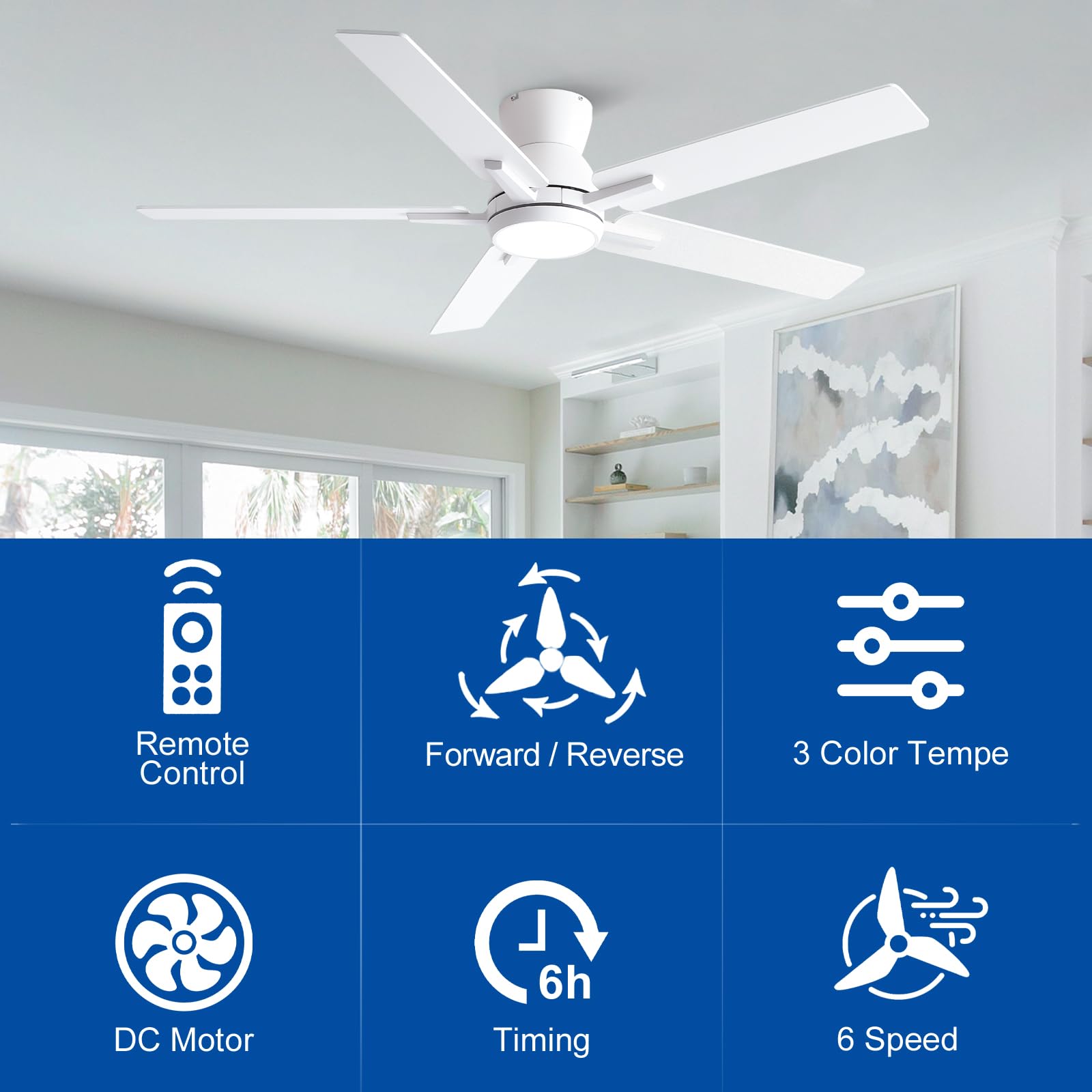 52 Inch Ceiling Fans With Lights,White Low Profile Ceiling Fan With Light And Remote Control,Flush Mount,6 Speed Reversible Dc M