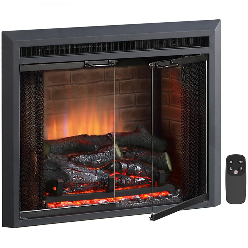 Puraflame Klaus Electric Fireplace Insert With Fire Crackling Sound Glass Door And Mesh Screen, 750/1500W, Black, 22 13/16 Wide,