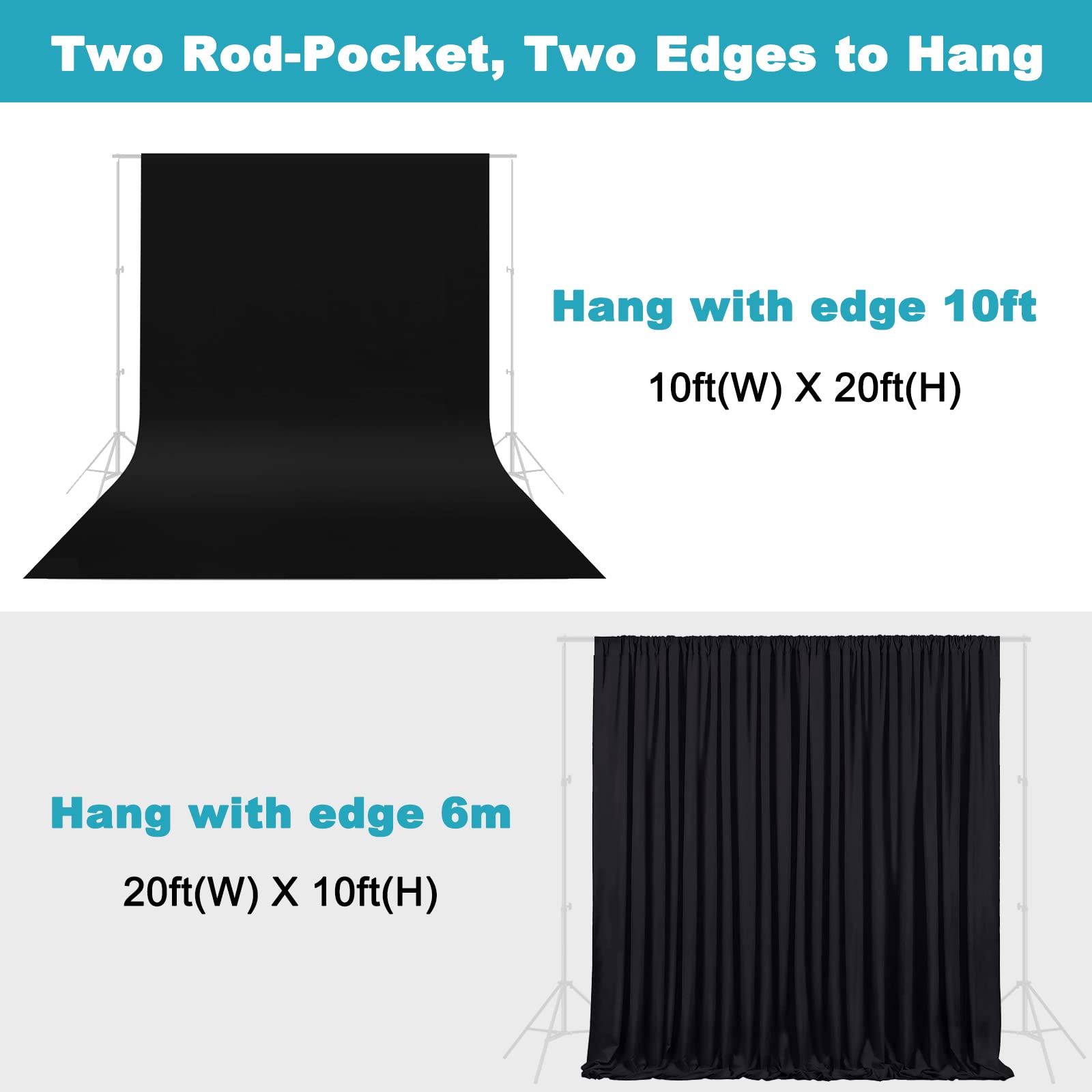 10X20Ft Black Photo Backdrops For Photography, Lcuirc Two Rod Pocket Black Backdrops Curtain For Parties, Polyester Black Backgr