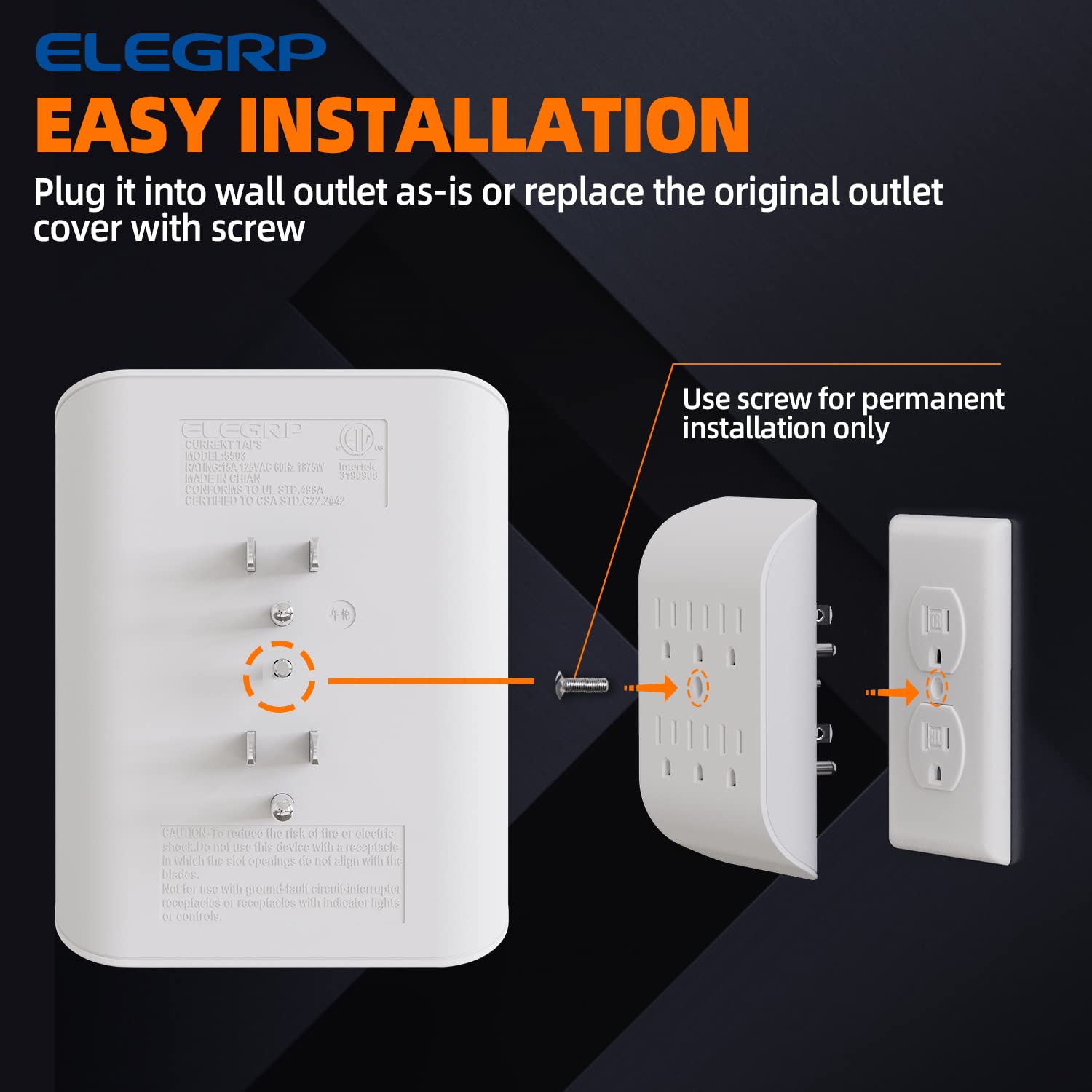 Elegrp 6 Outlet Extender With Central Anchor, 3 Prong Grounded Wall Tab, Multiple Outlet Extender With 6 Electrical Outlets, Etl