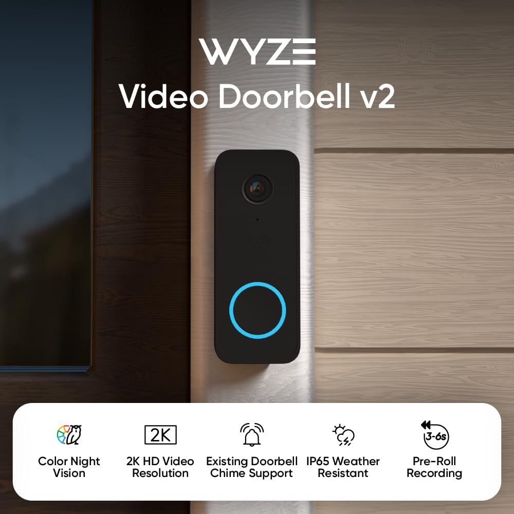 Wyze Video Doorbell V2, Wired, 2K Video, Two Way Audio, Color Night Vision, Works With Existing Chime And Ip65 Weather Resistant