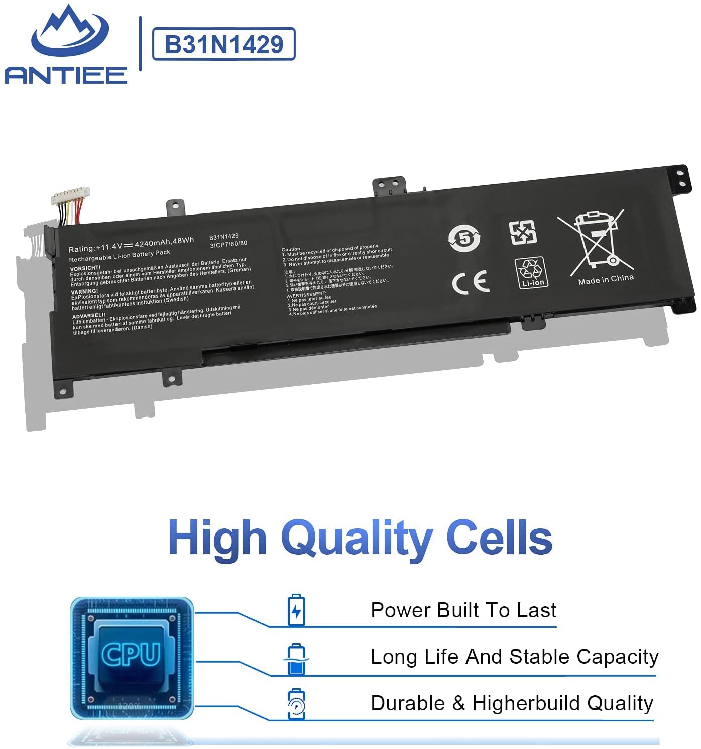 Antiee B31N1429 Battery For Asus K501L K501Lb K501Lx K501U K501Ub K501Uq K501Ux K501Uw A501L A501Lb A501Lx A501Ub A501Uq A501Uw