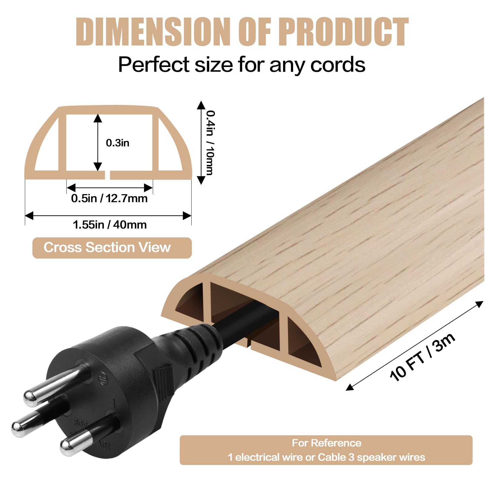 Floor Cord Cover Cable Cavity 0.5''X0.3'' Self Adhesive Cord Hider Floor 10Ft Floor Cable Management Power Cord Protector Floor