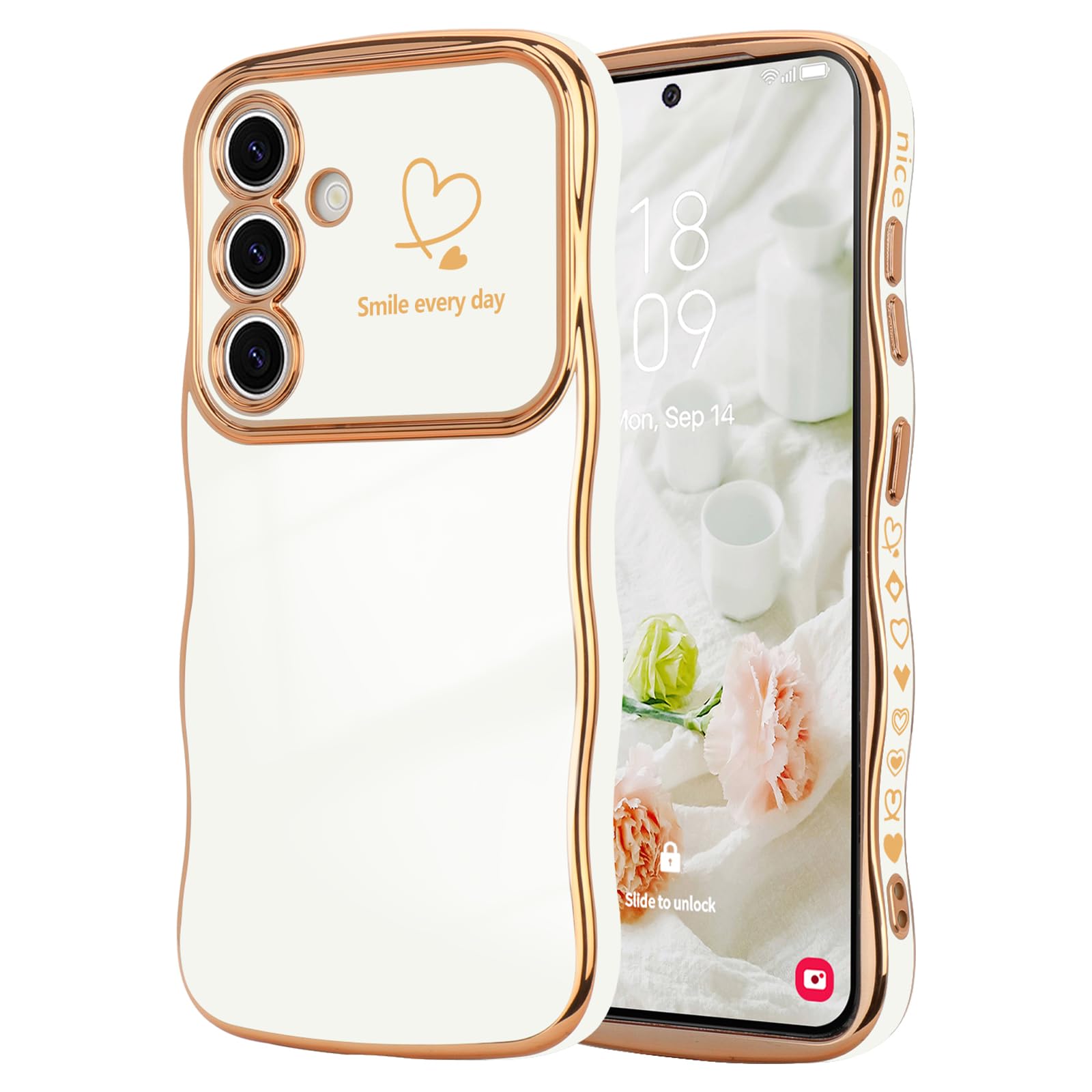 Lchulle For Samsung Galaxy S24 Plus Case For Women Girls, Cute Wave Frame Curly Shape With Love Heart Raised Camera Protection C
