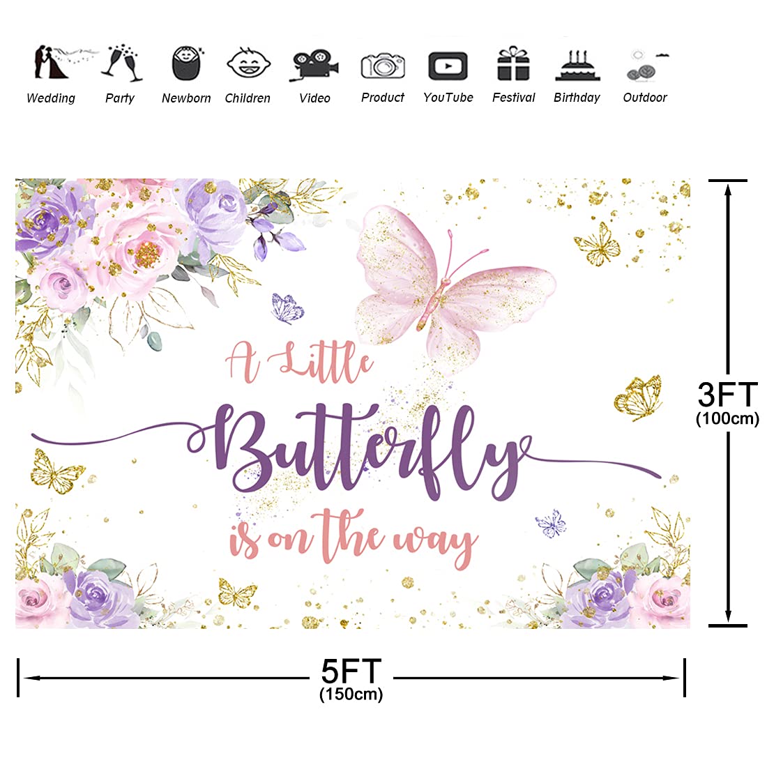 Aperturee 5X3Ft Butterfly Baby Shower Backdrop A Little Butterfly Is On The Way Photo Purple And Pink Floral Gold Spots Flowers