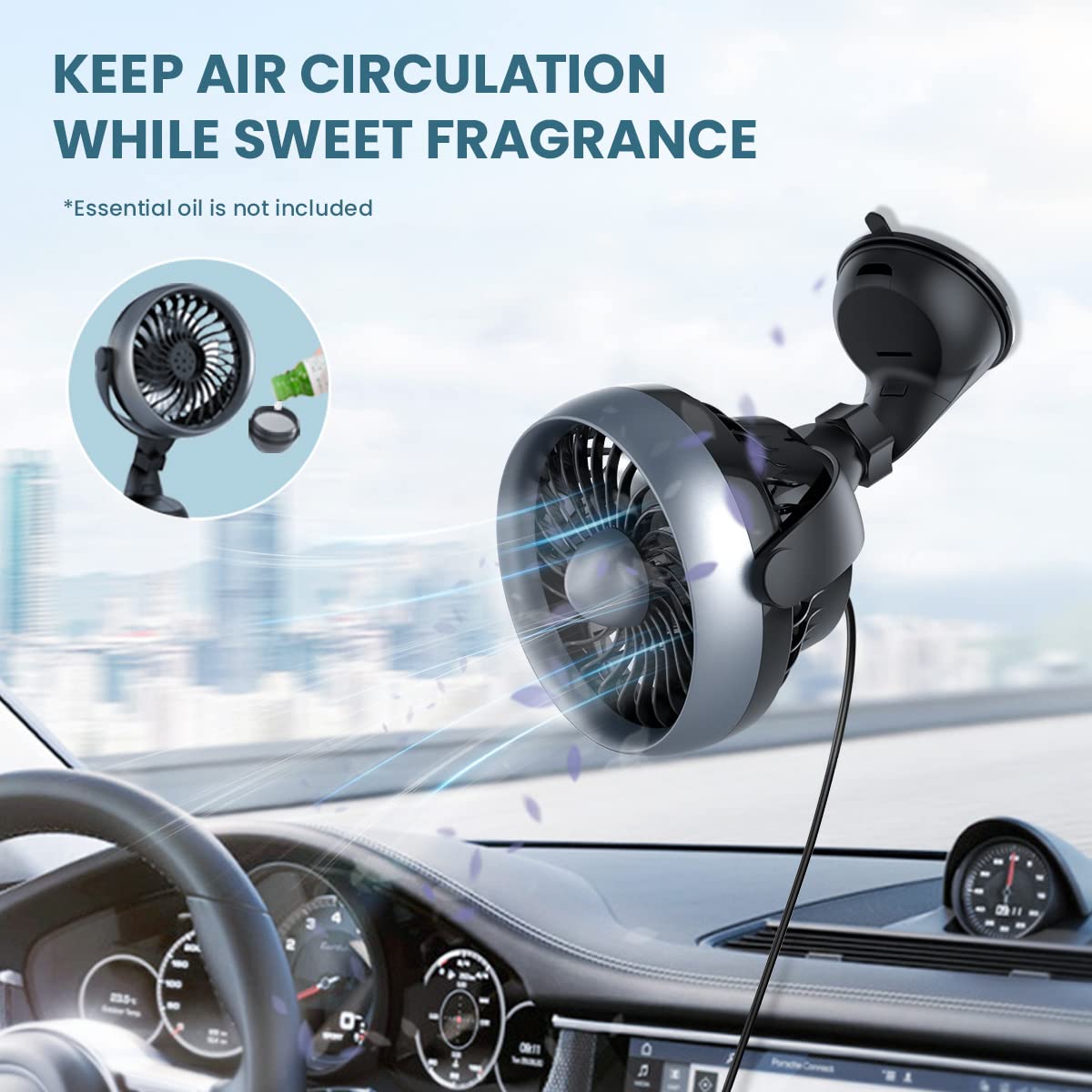 Portable Car Fan With Suction Cup And 4 Speeds, Bonus Aroma Function, Usb Dashboard Cooling Air Circulator Fan For Sedan Suv Rv