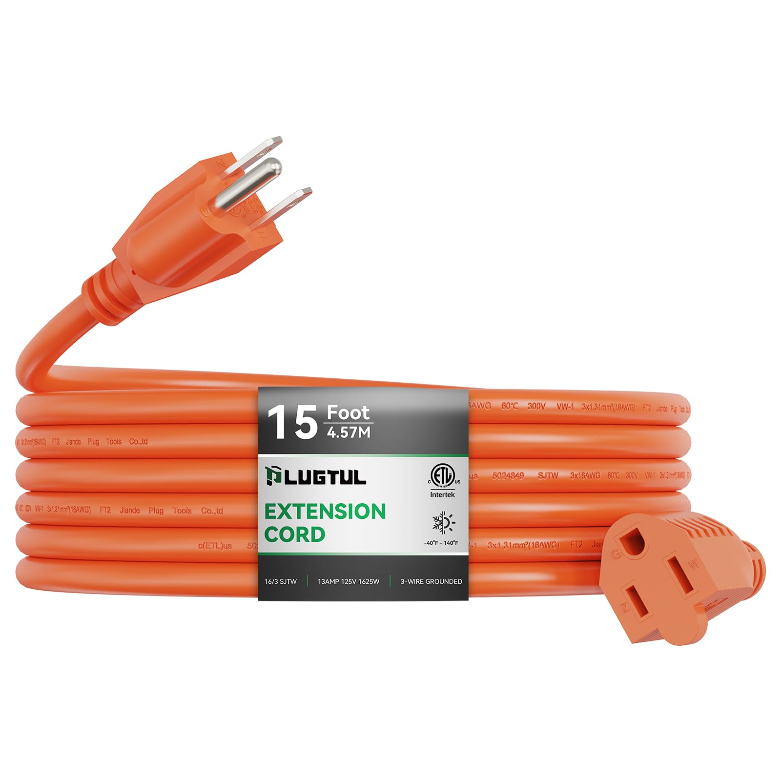 Outdoor Extension Cord 15 Ft Waterproof, 16/3 Gauge Heavy Duty 3 Prong Extension Cord, 13A 1625W Sjtw, Etl Listed, Great For Gar