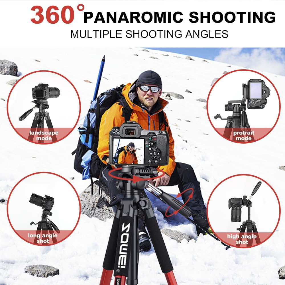 Camera Tripod, 74' Tripod For Camera Stand, Heavy Duty Tripod With Travel Bag For Projectors, Lasers, Dslr, Webcam, Aluminum Phone Tripod For Video Recording Photo Vlogging(Red)