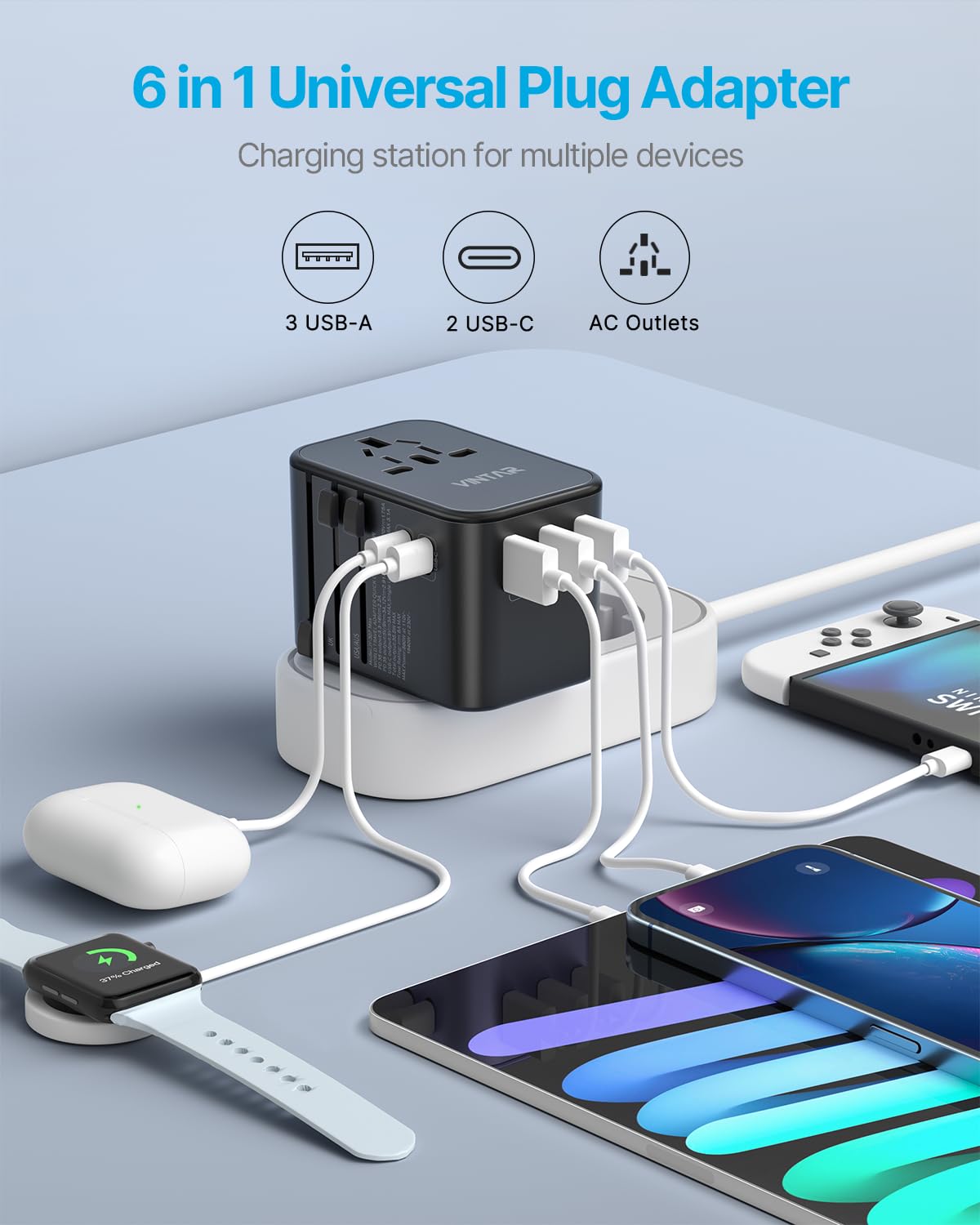 Universal Travel Adapter, Vintar 35.5W International Power Adapter With 3 Usb A Qc And 2 Usb C Pd, All In One Plug Adapter World