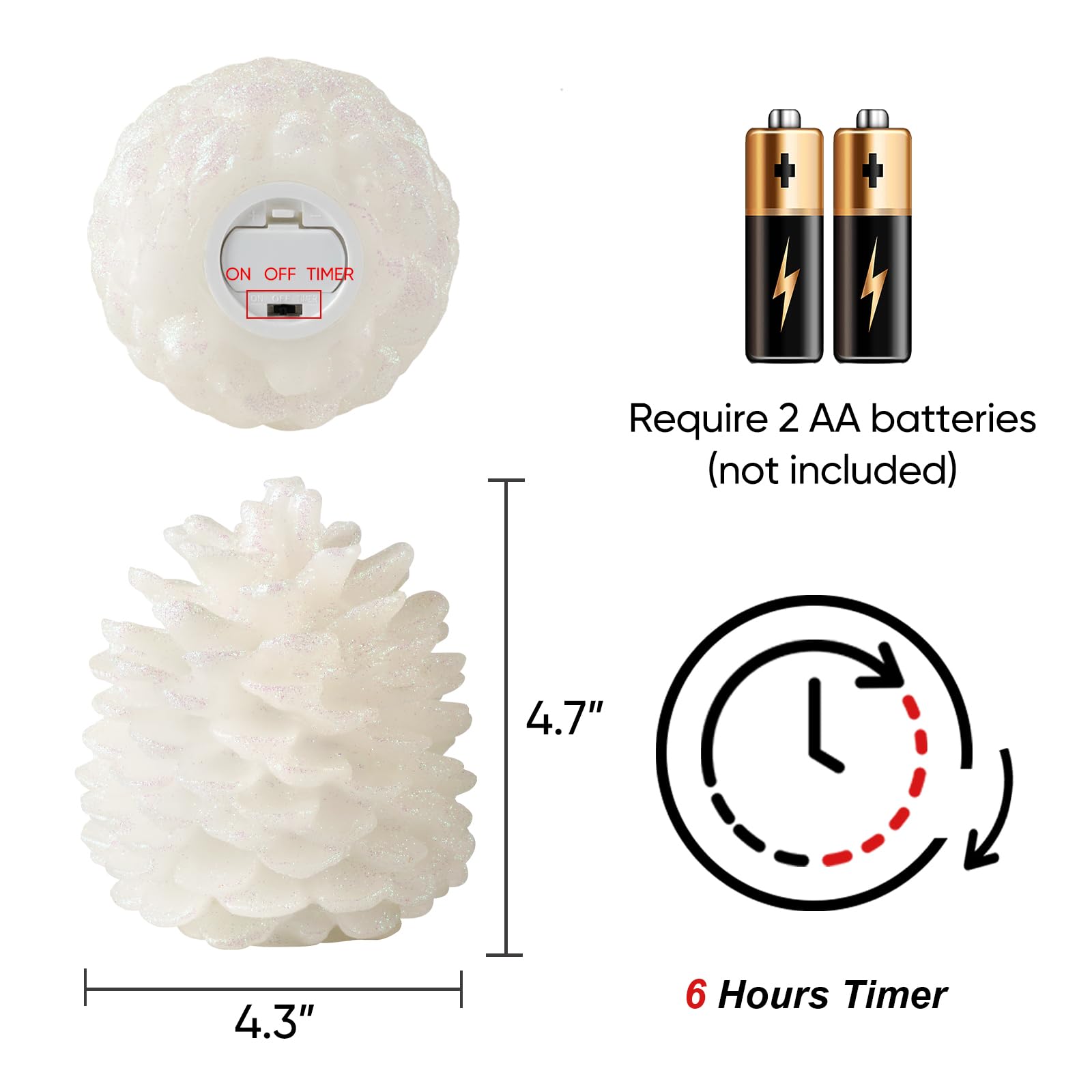 Homemory 2 Pcs Pine Cone Candles Flameless, White Led Flickering Candles With 6 Hours Timer, Battery Operated Candles For New Ye