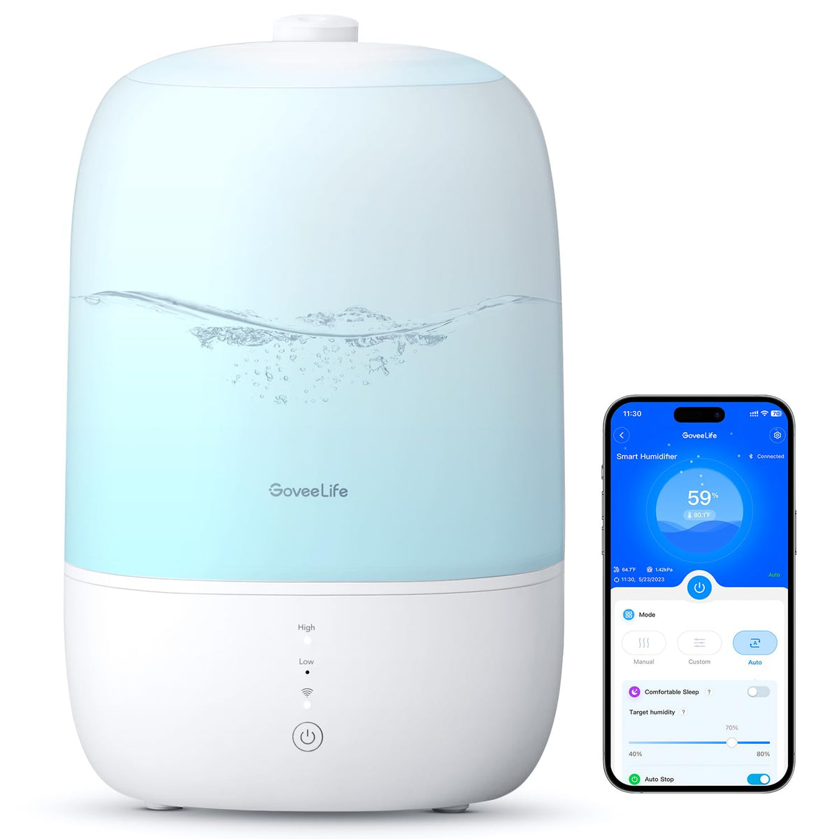 Goveelife Smart Humidifiers For Bedroom, 3L Top Fill Cool Mist Humidifiers With Essential Oil Diffuser, Humidity Control, Wifi A