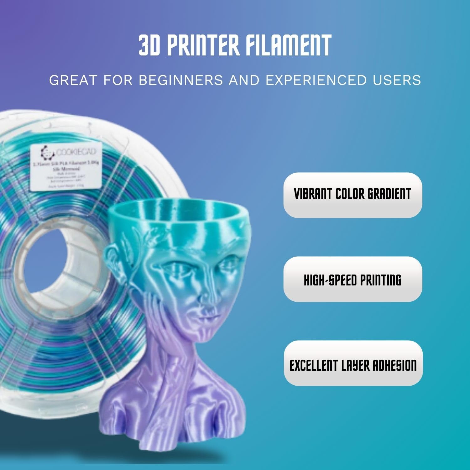 Cookiecad Silk Pla Filament 1.75Mm 1Kg Rainbow Multicolor 3D Printer Filament   Mermaid Silk Pla