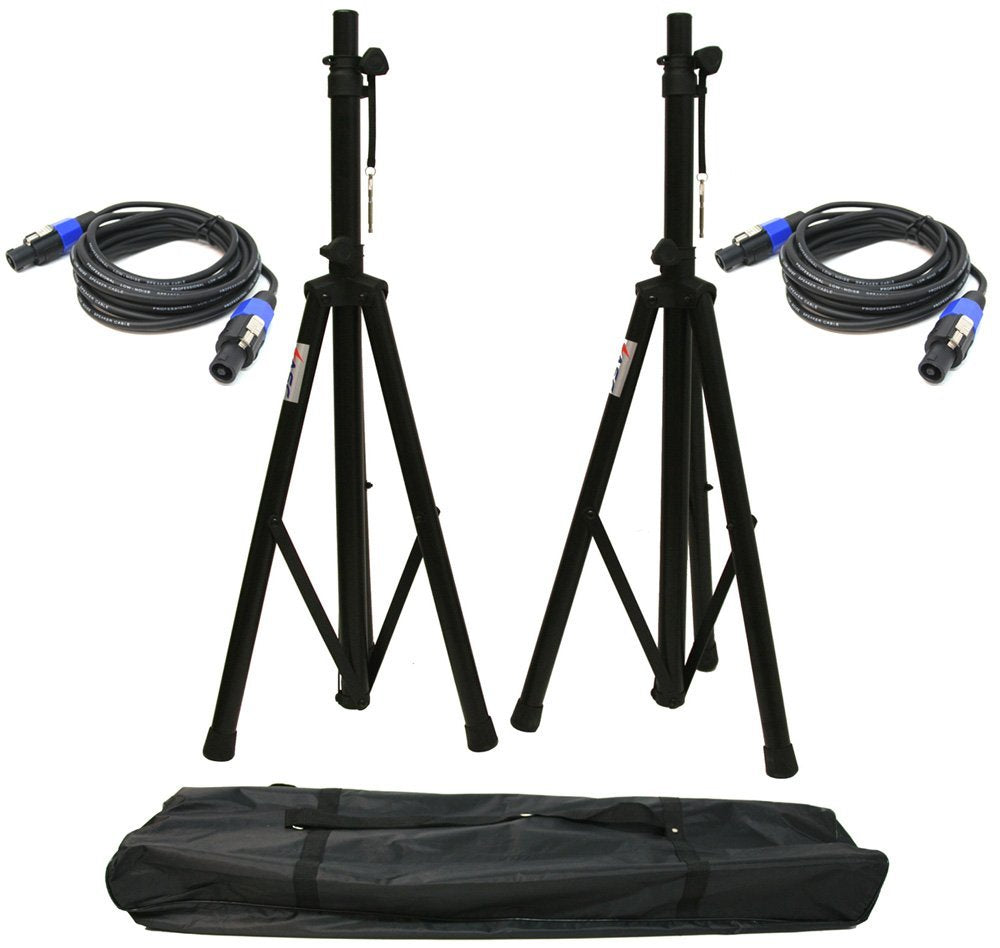 Asc (2) Pro Audio Mobile Dj Pa Speaker Stands 6 Foot Adjustable Height Tripod With (2) Speakon 15Ft Cables & Nylon Travel Bag