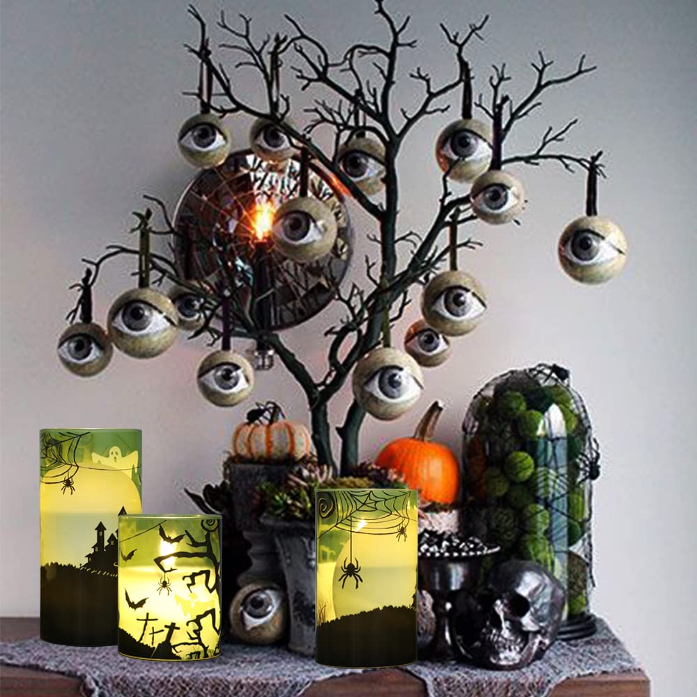 Genswin Halloween Candles Flameless With Remote Timer, Flameless Candles With Spider Web, Ghost, Castle Decals, 3 Pack Green Gla