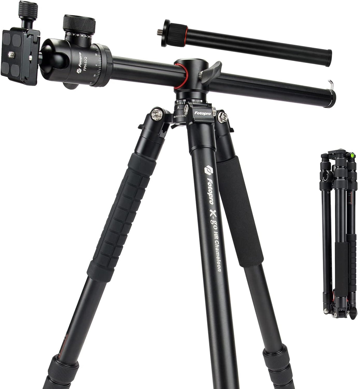 Fotopro 62Inch Horizontal Tripod With Multi Angle Center Column Ball Head Aluminum Central Axis Platform, Heavy Duty Camera Trip