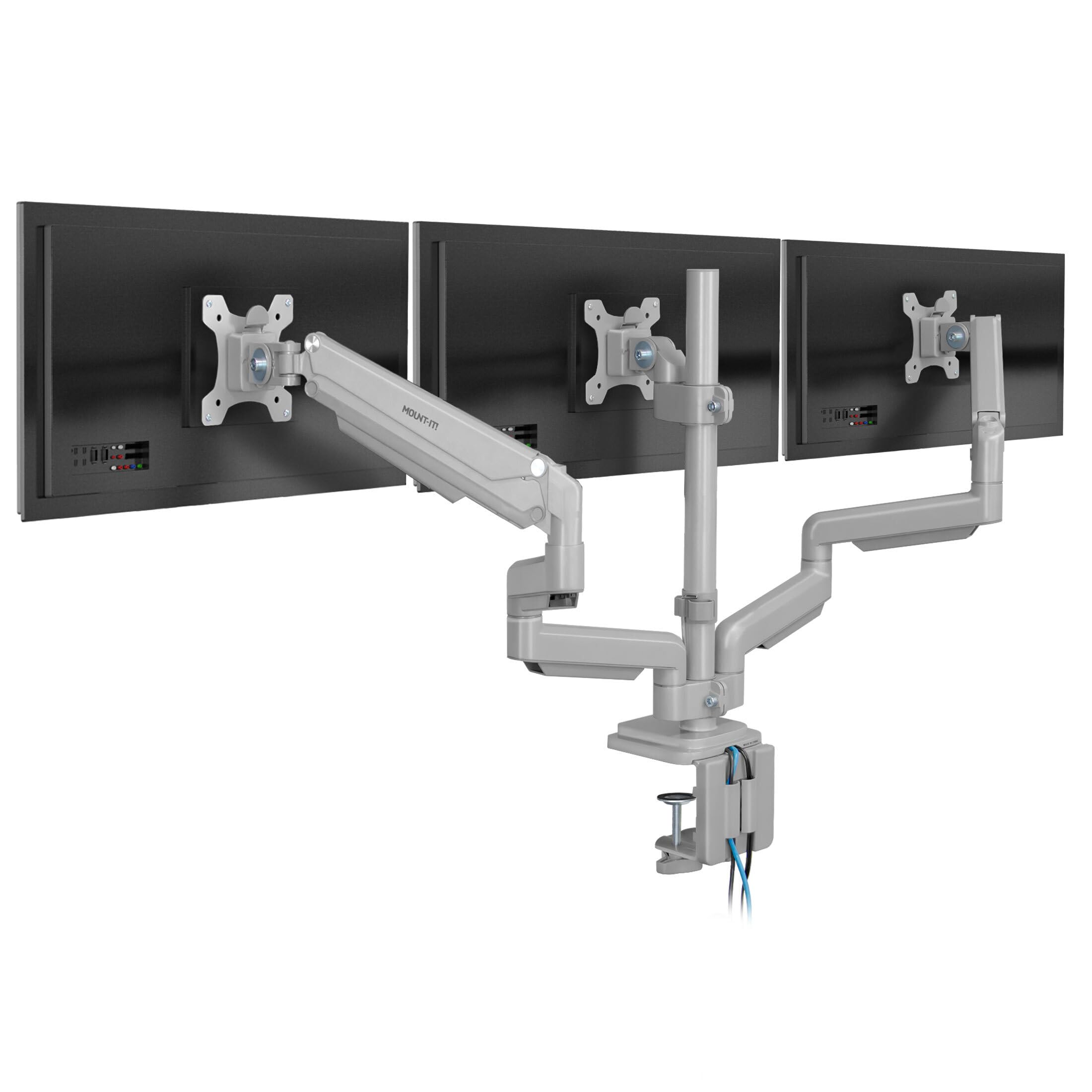 Mount It! Triple Monitor Mount with USB and Audio Ports, 3 Monitor Desk Mount, Balanced Height Adjustable Triple Monitor Stand for Three Computer Screens 24 27 30 32 Inch VESA Screens, Gaming, Office