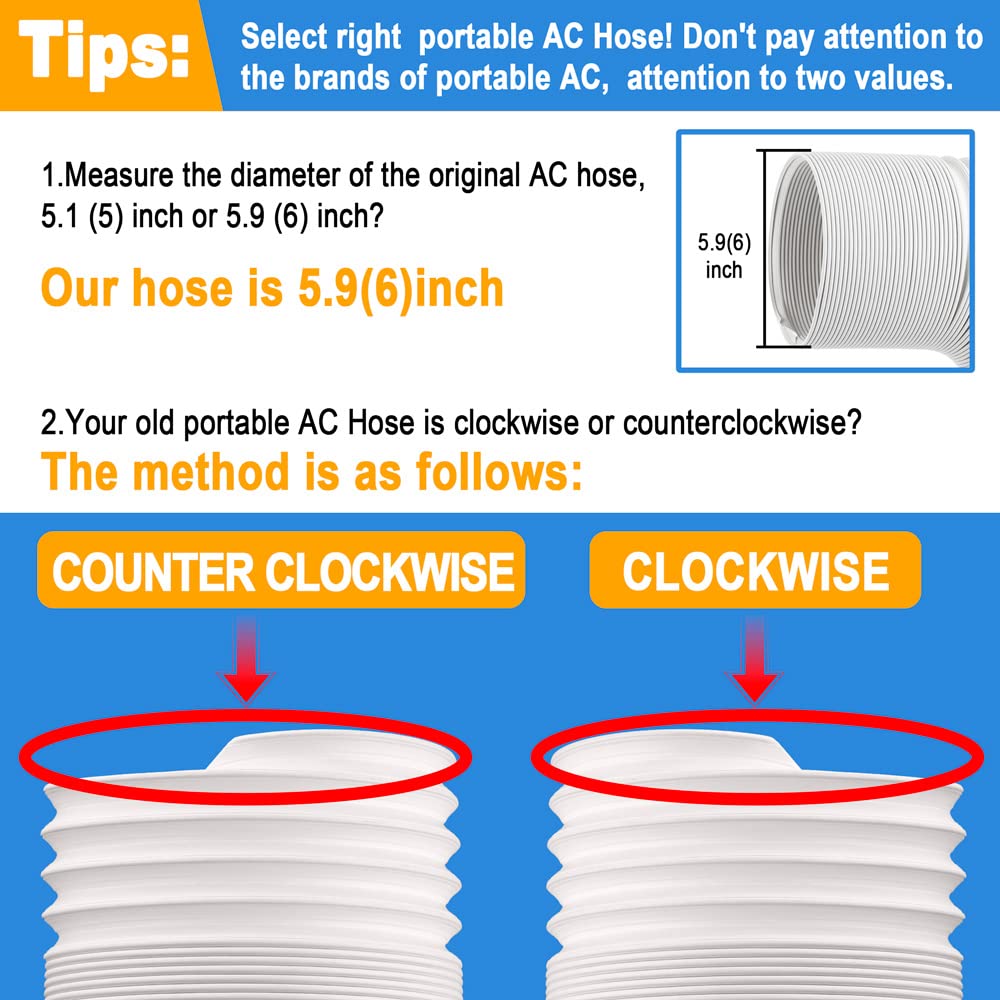 Jin&Bao Air Conditioner Hose, Portable Exhaust Vent Hose With 5.9 (6) Diameter, Counterclockwise Ac Hose Length To 78 Inch, Univ