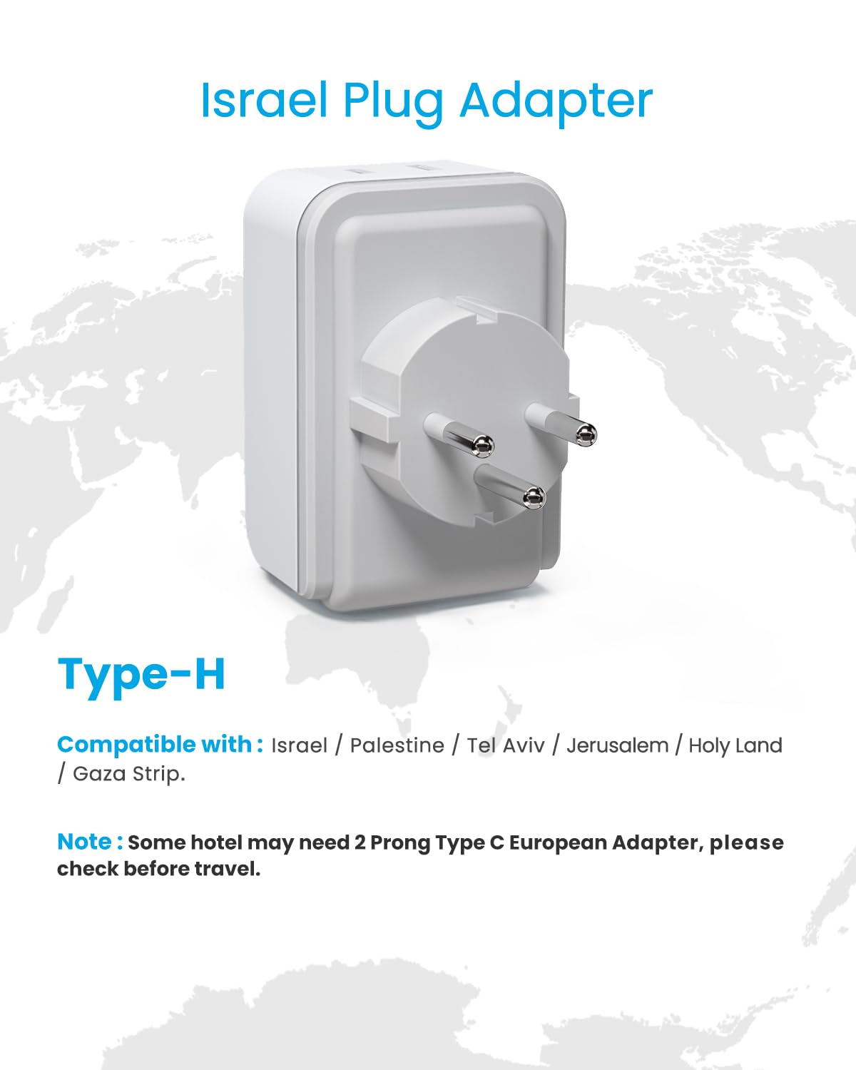 2 Pack Israel Power Adapter, Vintar Israel Plug Adapter With 3 Usb Ports(2 Usb C) And 2 Outlets, 5 In 1 Type H Travel Adaptor Fo