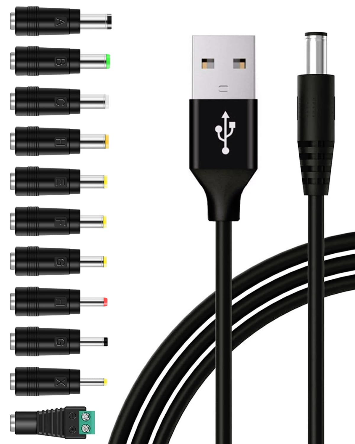 USB to DC 5V Power Cable, DC 5.5x2.1mm Plugs Charging Cord with 11 Interchangeable Jack Connectors Charger Adapters for Lightsab