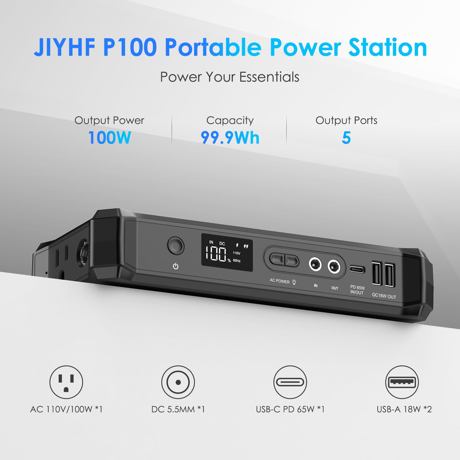 Jiyhf Portable Power Bank With Ac Outlet - 99.9Wh/27000Mah High Capacity Laptop Portable Charger,100W Ac + 65W Pd Usb-C + 5521 D