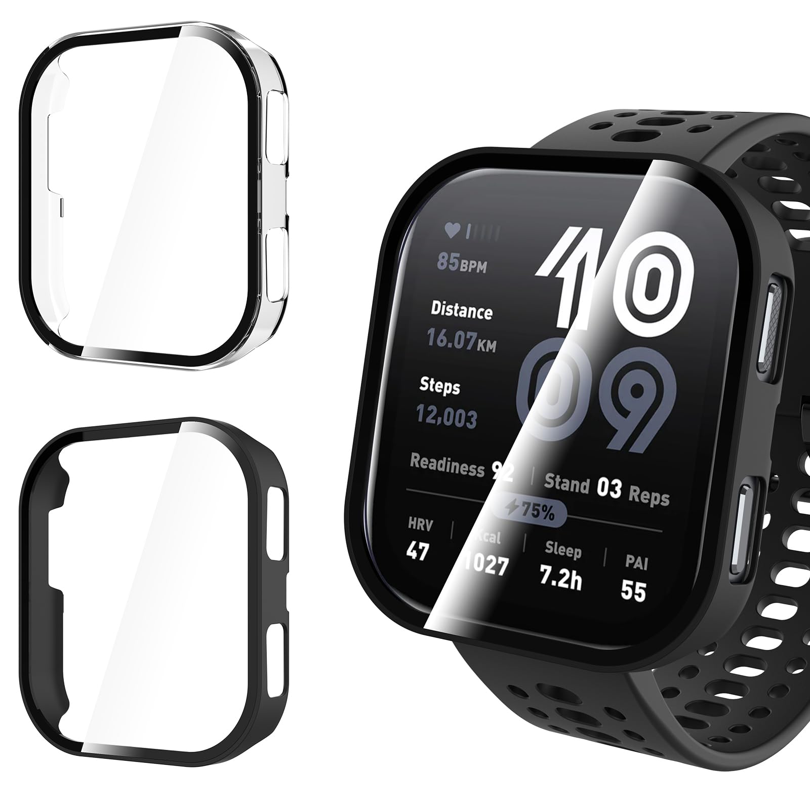 WD&CD 2 Pack Case Compatible for Amazfit Bip 6 Black+Clear, Hard PC Case with Tempered Glass Screen Protector Compatible with Am