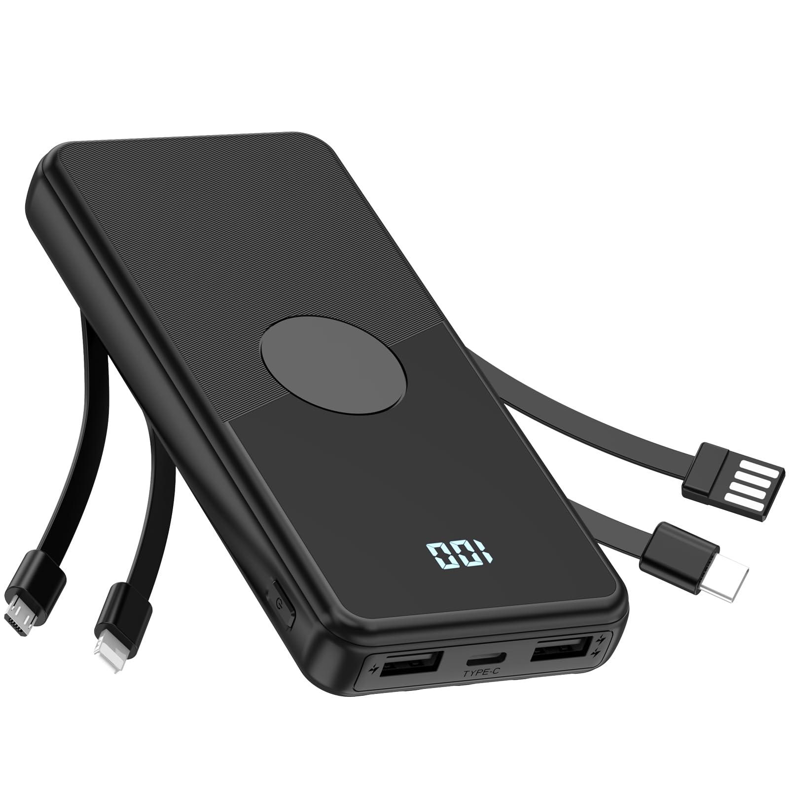 TXQX Portable Charger with Built in Cables,High Speed Power Bank 10000mAh Travel Battery Pack 5 Outputs 3 Inputs Portable Phone 
