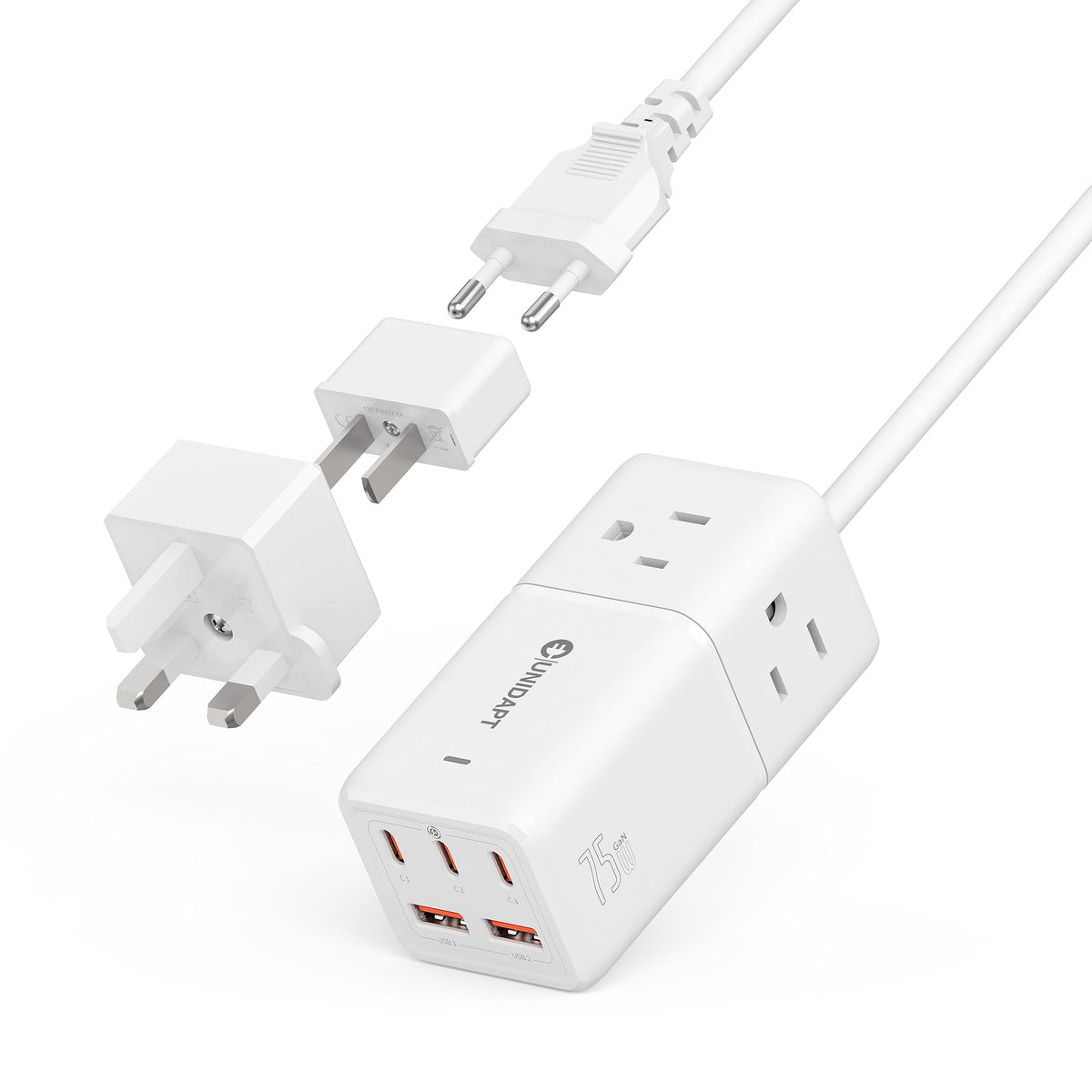 Travel Power Strip, Unidapt 5Ft Extension Cord Us To Europe, Uk, Plug Adapter Gan 75W With 3 Usb C Pd And 2 Qc Usb Ports, 3 Ac O