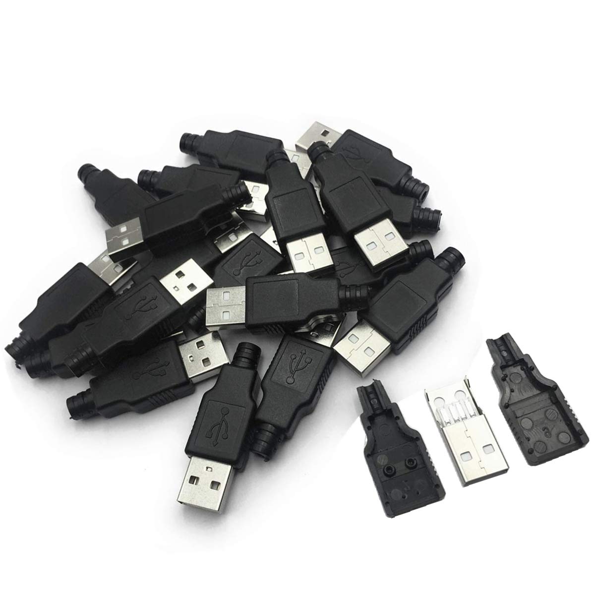 Xcoazipod 20Pcs Usb 2.0 Type A Male Usb 4 Pin Plug Socket Connector With Black Plastic Cover