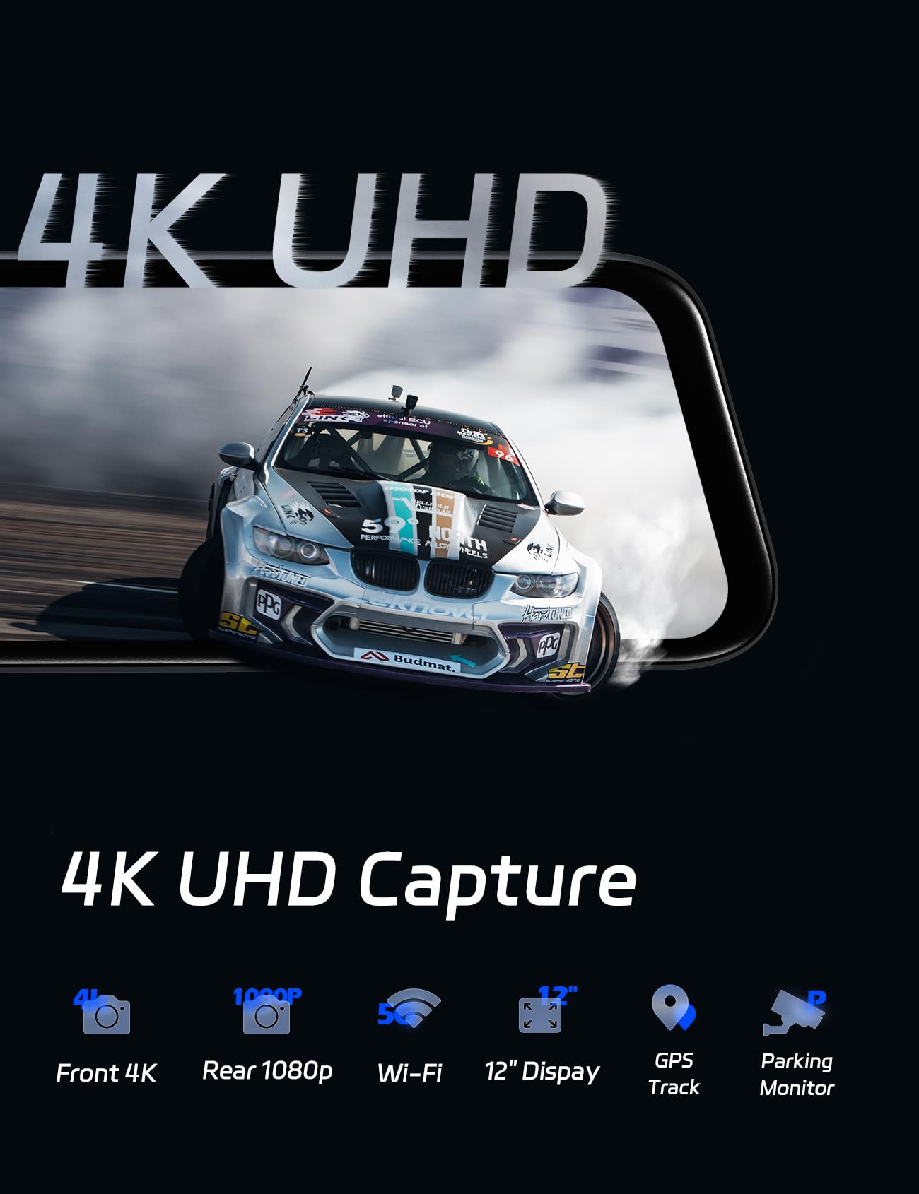 Pelsee P12 Plus 4K Wifi Rear View Mirror Camera, 12'' Mirror Dash Cam Front And Rear, Backup Camera For Car, 64Gb Card & Gps Inc