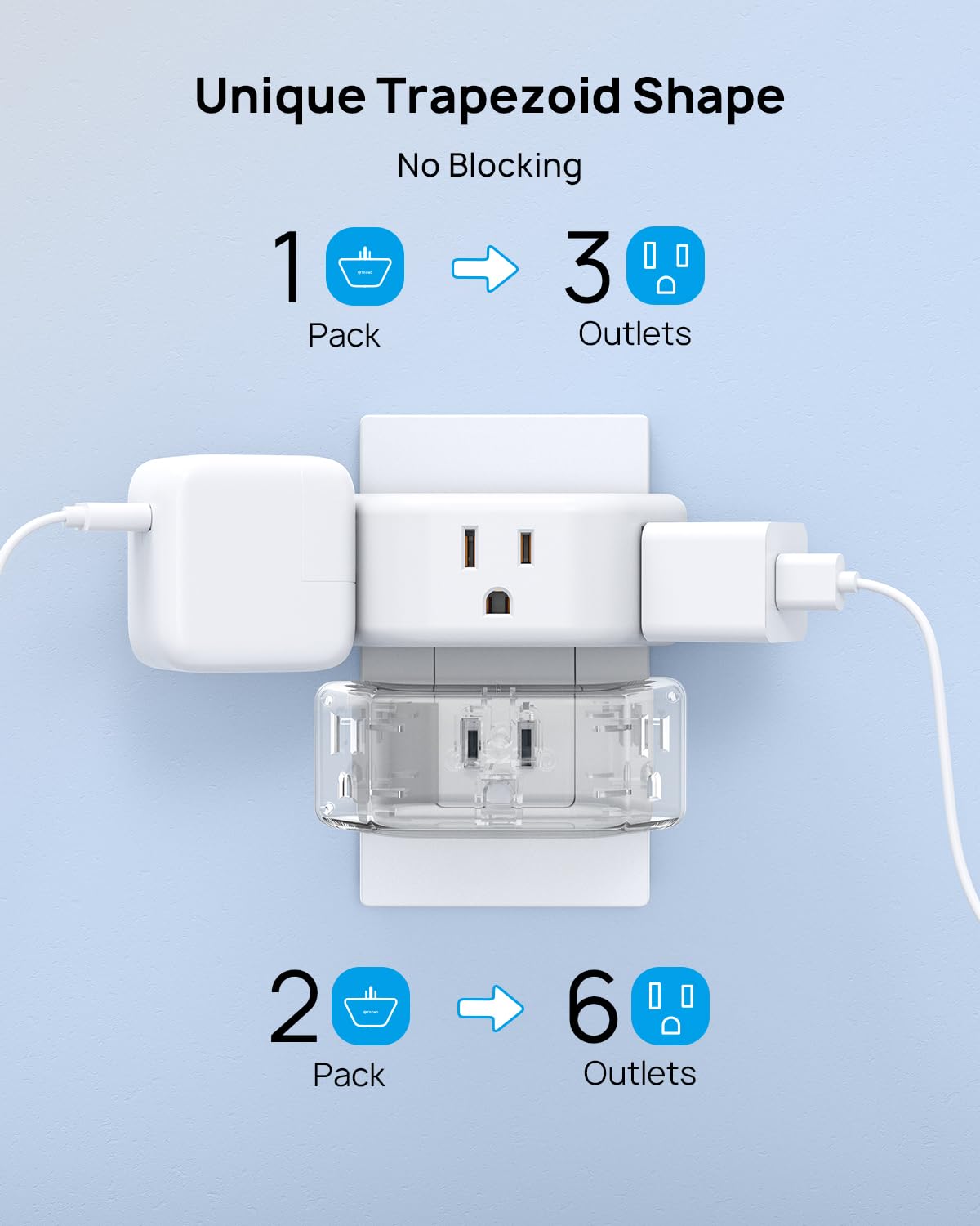 Trond 2 Prong To 3 Prong Outlet Adapter 2 Pack, 3 Way Angled Wall Extender With 3 Ac Sockets, Plug Expander For Non Grounded Out