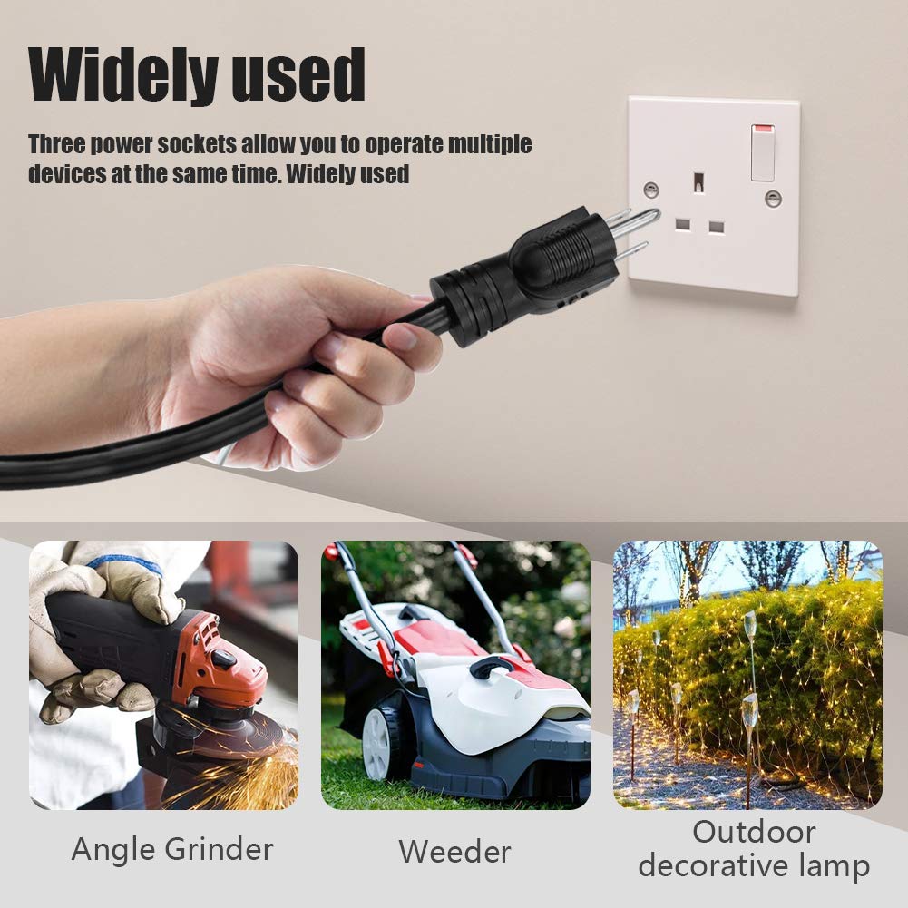 10Ft 12/3 Outdoor Extension Cord, Heavy Duty 3 Outlet Sjtw Indoor/Outdoor Three Prong Power Cord 12 Gauge Grounded 15 Amp 1875 W