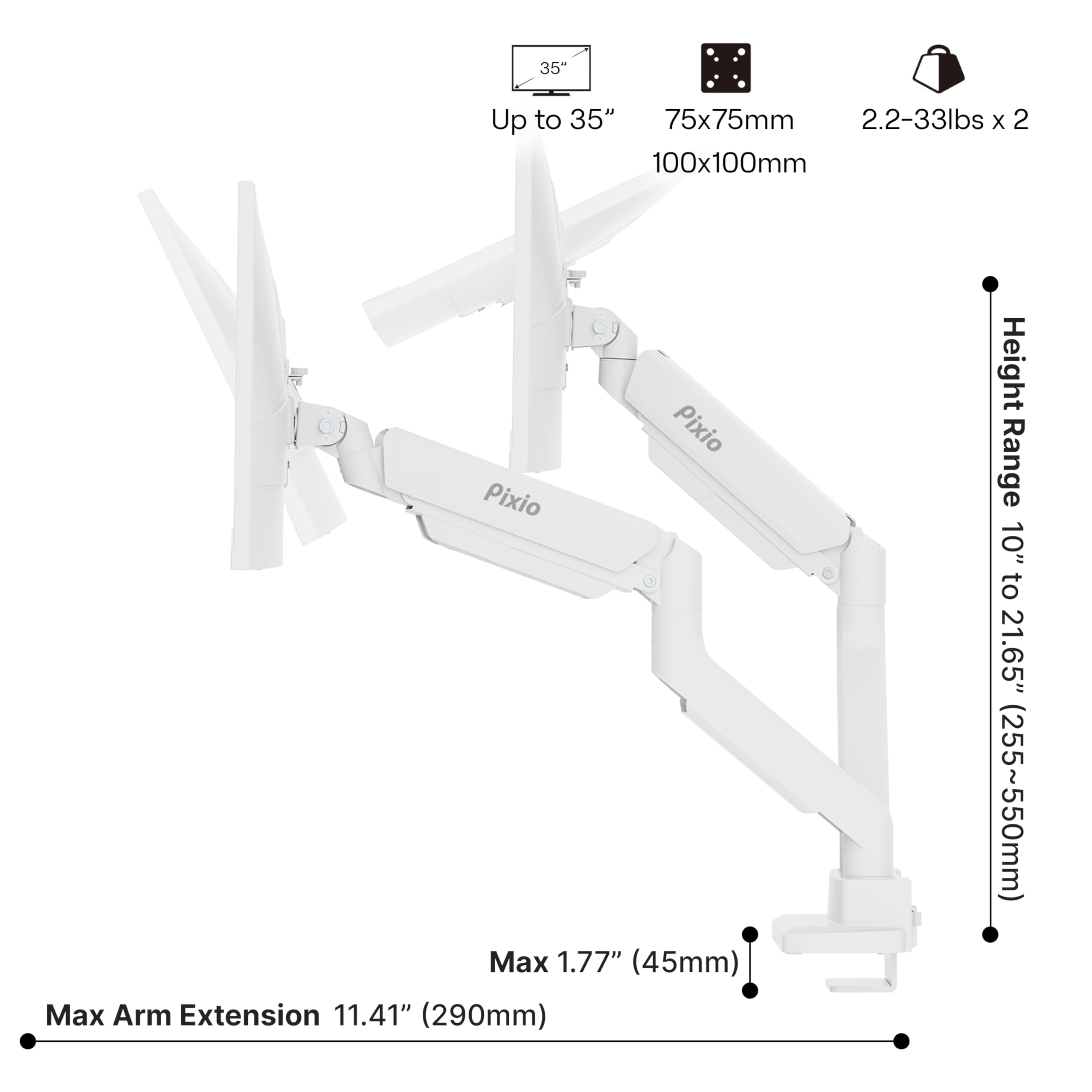 Pixio Ps2D White Ultrawide Heavy Duty Premium Dual Monitor Arm Stand Desk Mount   Fits Up To 35 Inches Two Monitors, Weights Up To 33 Lbs Each, Compatible With Vesa 75X75Mm 100X100Mm