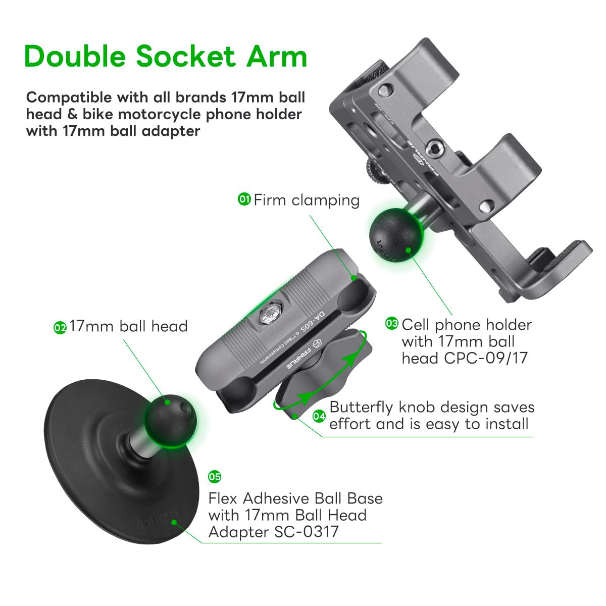 Fanaue Double Socket Arm Connects To 17Mm Ball Head Adapter Only, Compatible With Garmin Gps Mount And Bike Motorcycle Phone Hol