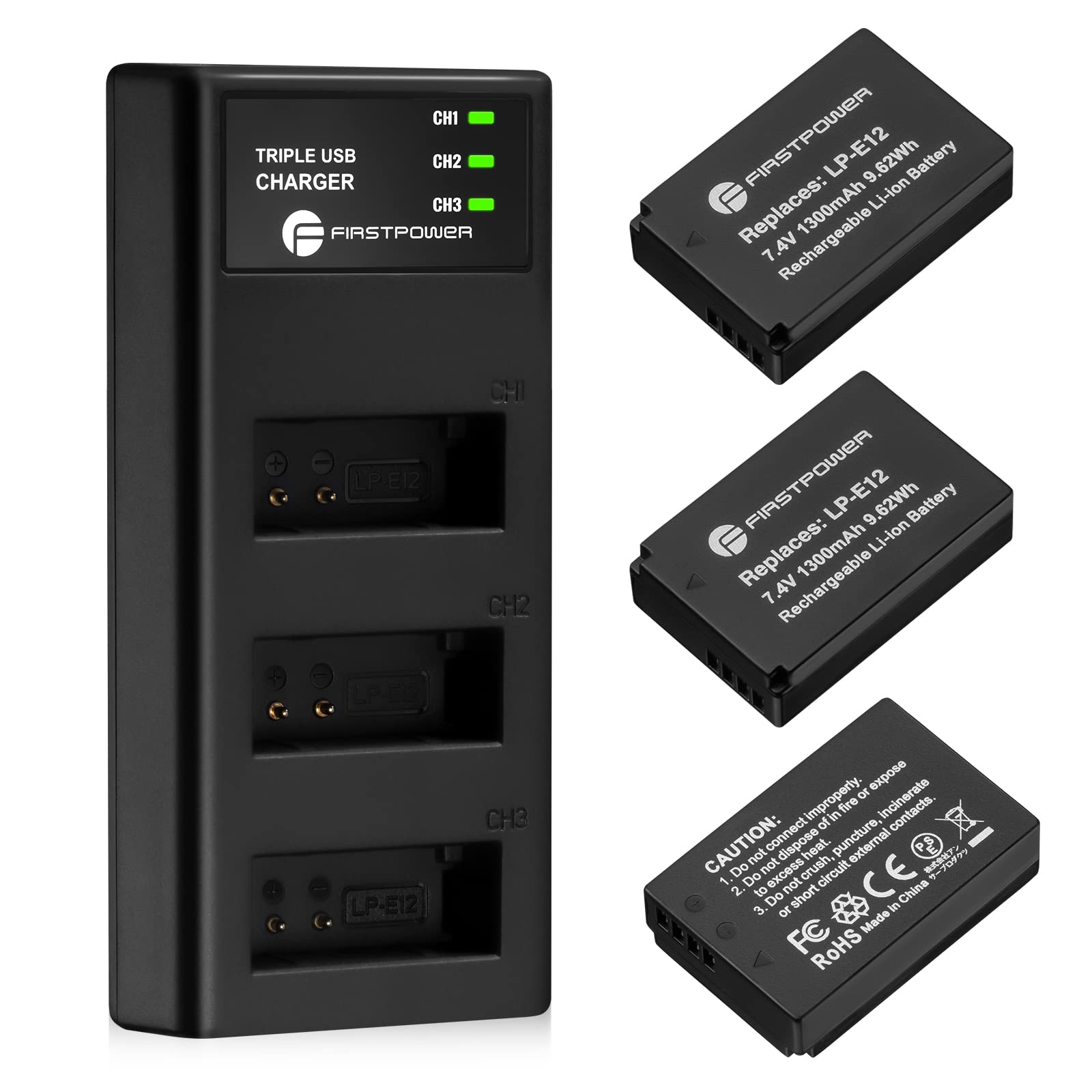 Firstpower Lp E12 Battery 3 Pack And Triple Slot Charger For Canon Eos M50, M50 Mark Ii, M, M2, M10, M100, M200, Rebel Sl1, Powe