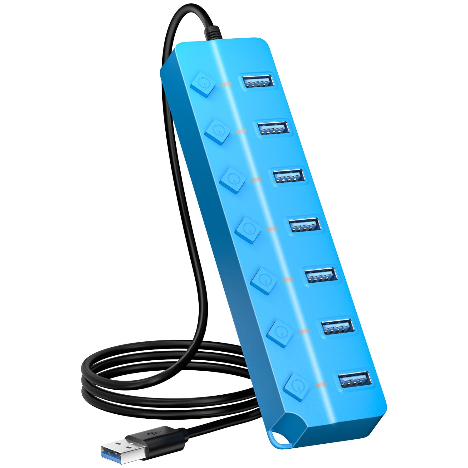 Onfinio Usb Hub 3.0, 7 Port Usb Hub Splitter With Individual On/Off Switches And Lights, 3.2Ft/1M Long Cable Compatible With Macbook, Laptop, Surface Pro, Ps4, Pc, Flash Drive, Mobile Hdd Blue