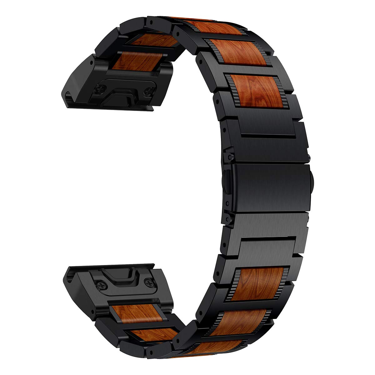 LDFAS Fenix 8/7/6 Pro/5 Band, Natural Wood Red Sandalwood Black Stainless Steel Metal Watch Band, 22mm Quick Easy Fit Strap Comp