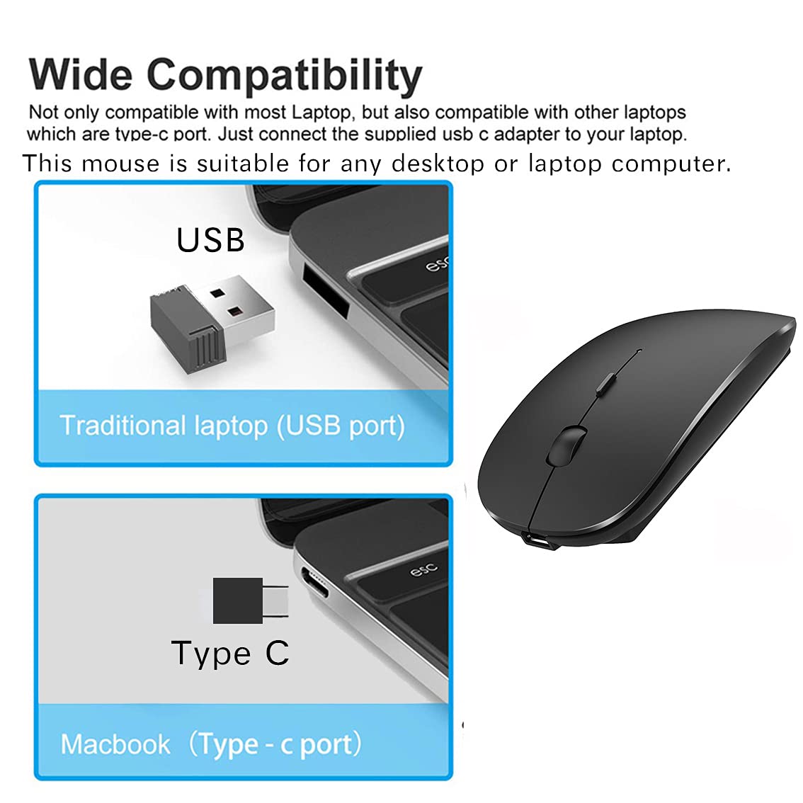 Wireless Mouse For Macbook Pro Macbook Air Macbook Laptop Mac Imac Desktop Computer Chromebook Win7/8/10/11 Pc Hp Dell Laptop (Black)