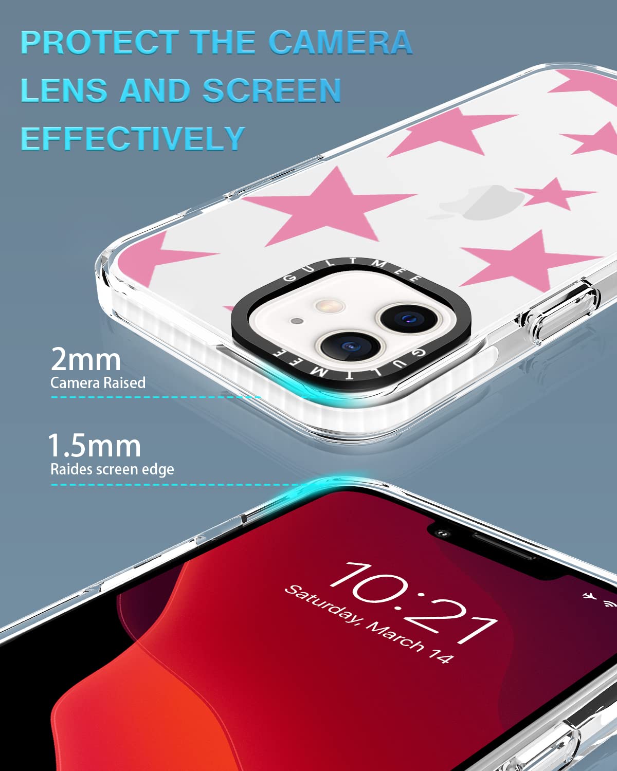 Gultmee For Iphone 12 Case & Iphone 12 Pro Case 6.1Inch With Tempered Glass Screen Protector,Cute Stars Pink Print Slim Design W