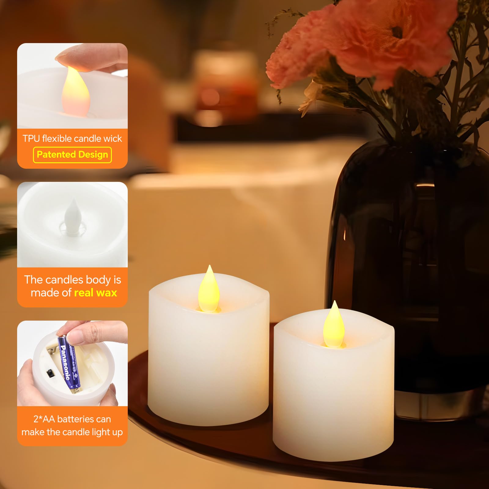 3x3 Raspberry Led Candles Milysoek 3X3 Flickering Flameless Candles Set Of 2, Led Candles,Batter ...