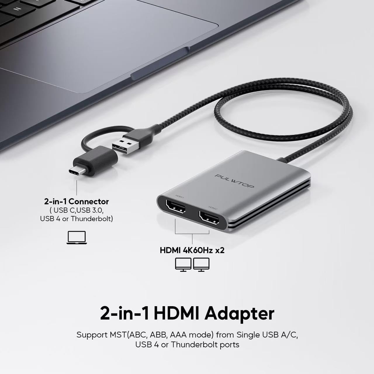 Pulwtop Displaylink Adapter, Usb C To Hdmi Adapter With Dual Monitor For Mac M1/M2/M3/M4, Usb C To Dual Hdmi For Macbook, Laptop