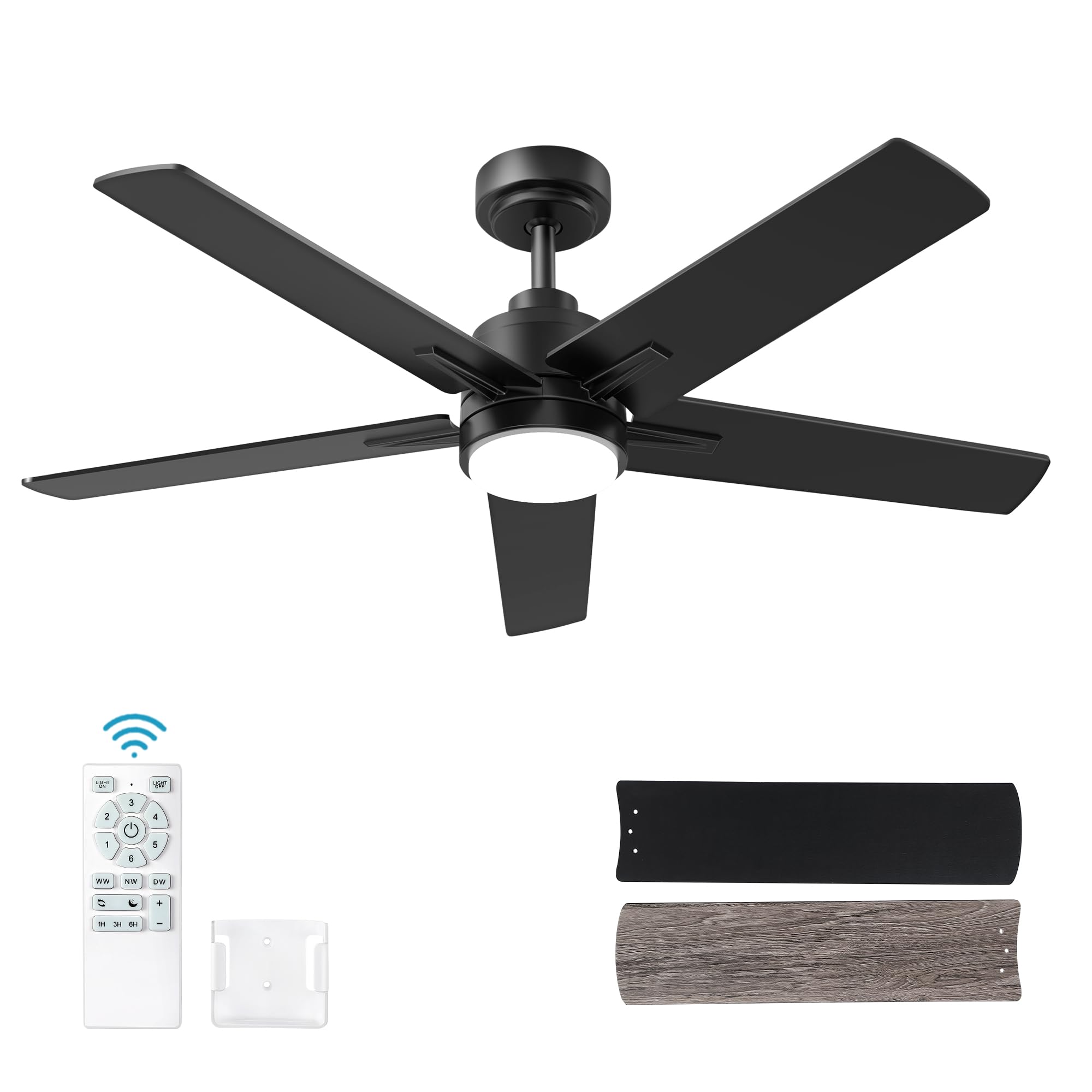 52 Inch Black Ceiling Fan With Light And Remote Control. Dimmable 3 Color Temperatures Led Ceiling Fan. 6 Speeds Reversible Dc M