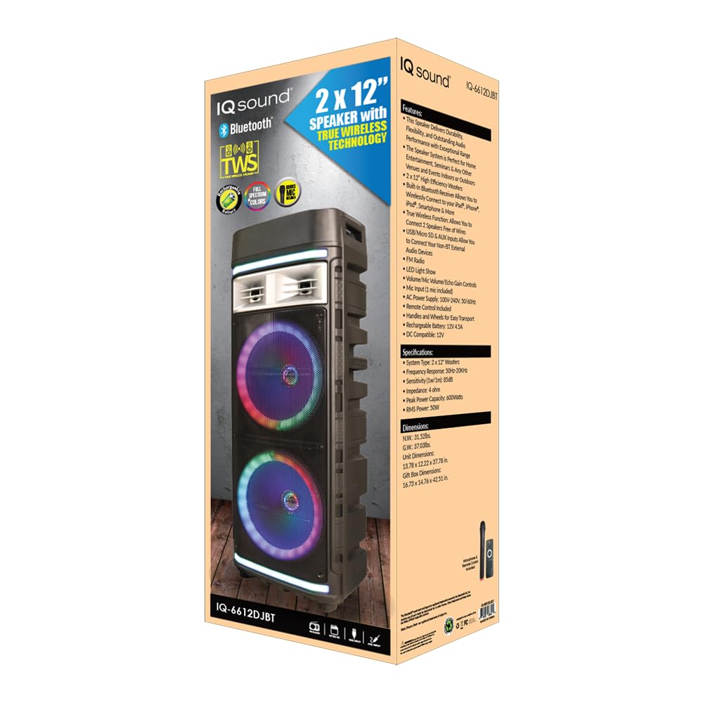 Iq Sound Iq 6612Djbt 2 X12 Inch Portable Dj Speaker, Twd, 600 Watts, Led Light Show, Usb/Micro Sd & Aux Inputs, Fm Radio, Mic In
