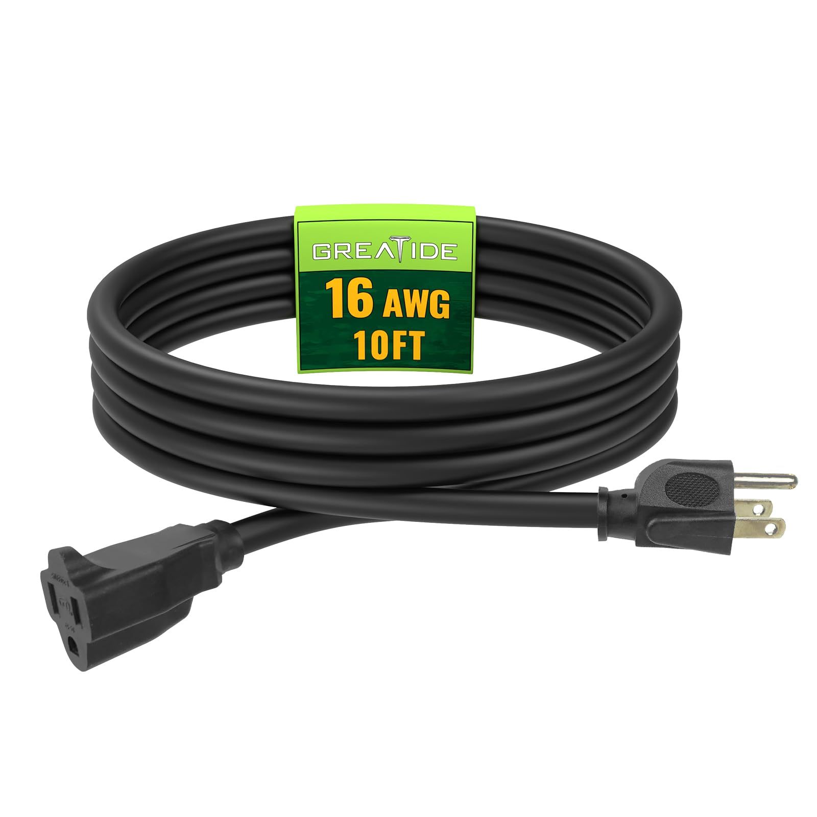 Greatide Indoor Outdoor Extension Cord 10 Ft, 16/3 Sjtw Weatherproof Black Electrical Cords, 13 Amp Heavy Duty 3 Prong Power Cab