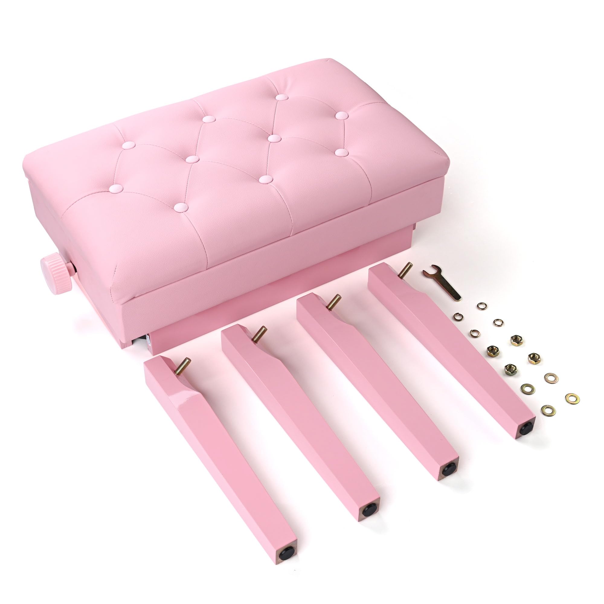 Aw Adjustable Height Piano Bench Pu Leather Padded Wooden Keyboard Stool Storage For Music Books Pink