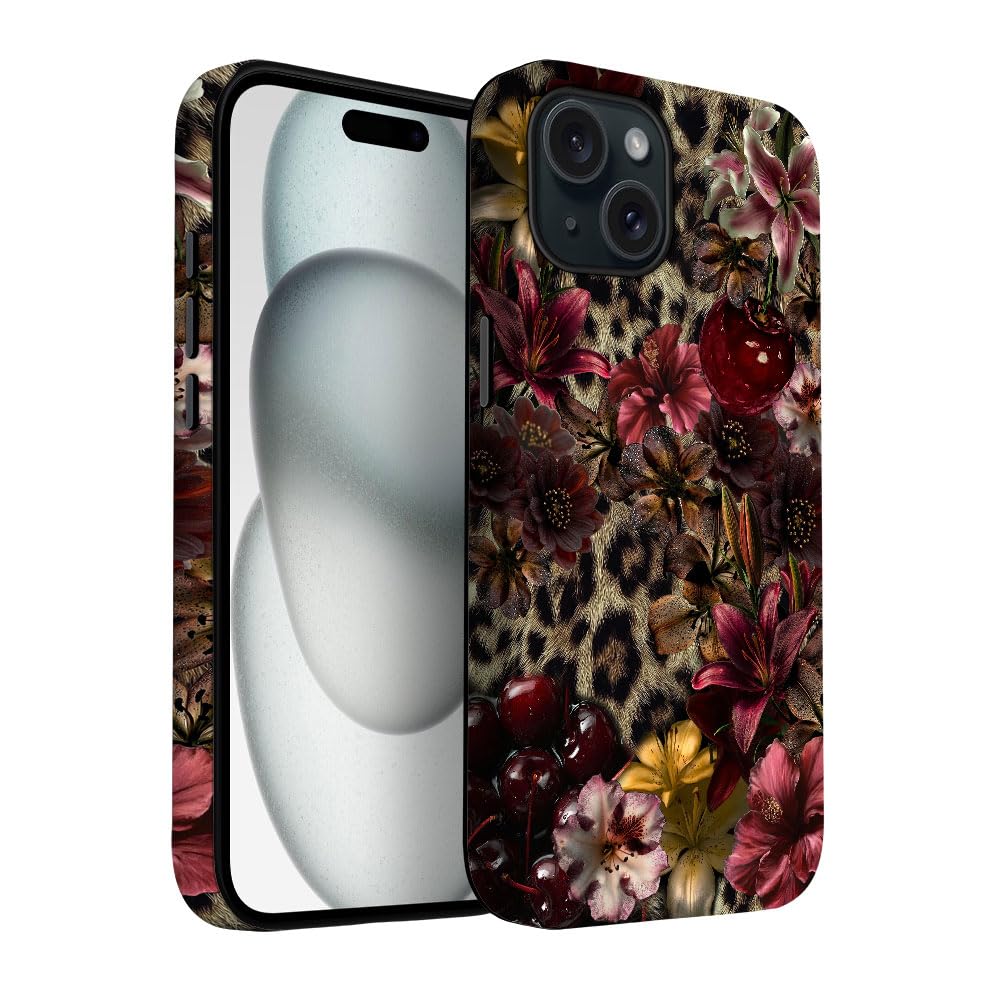 Yuzbira for iPhone 15 Plus Case | Lily Leopard Print Cherry | Slim Drop Protection Design
