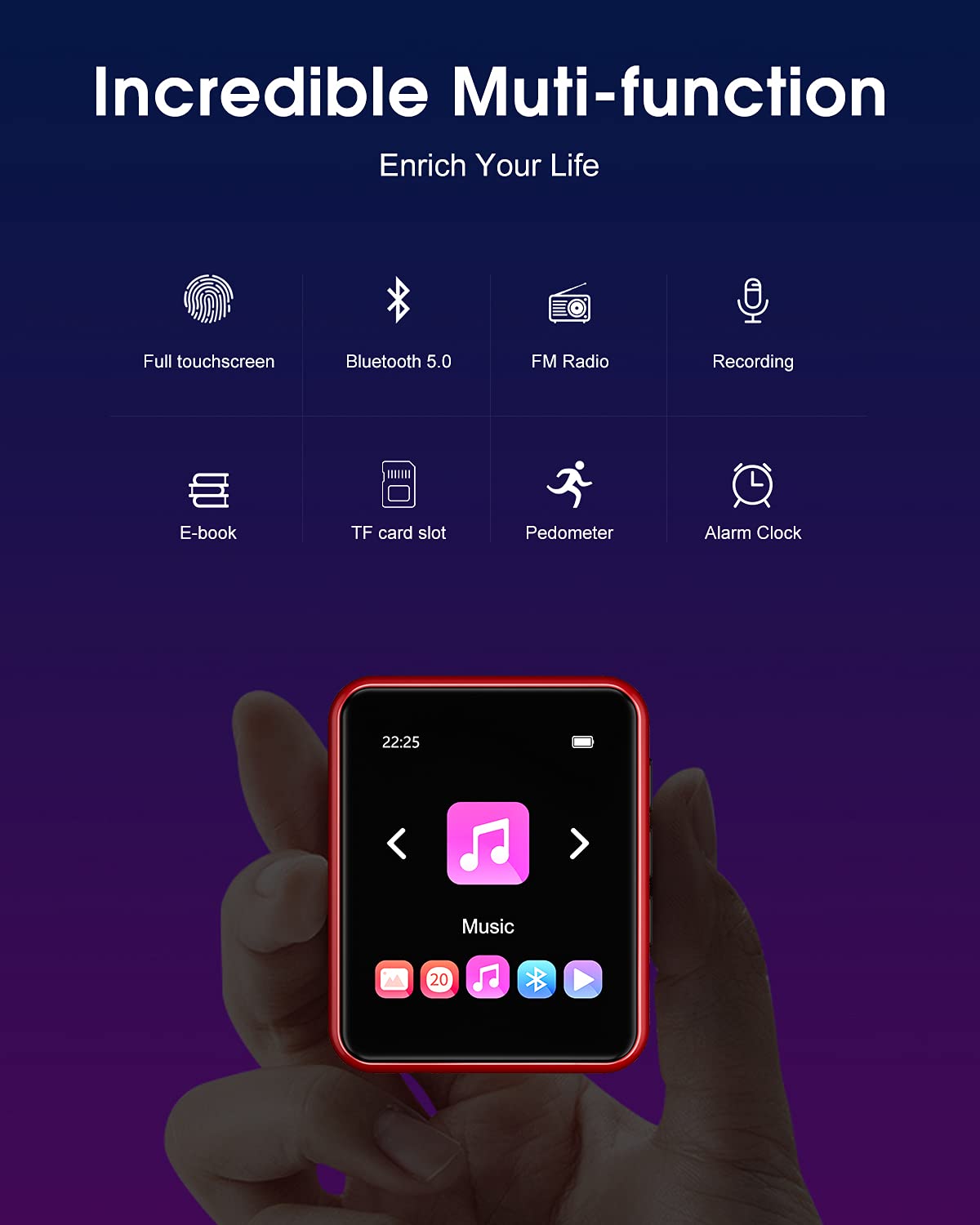 Mp3 Player Bluetooth 5.3 Full Touch Screen Color Screen Mini Mp3 Player, Hifi Lossless Music Player With Speakers, Fm Radio, Recording, Support Up To 128Gb (Red)