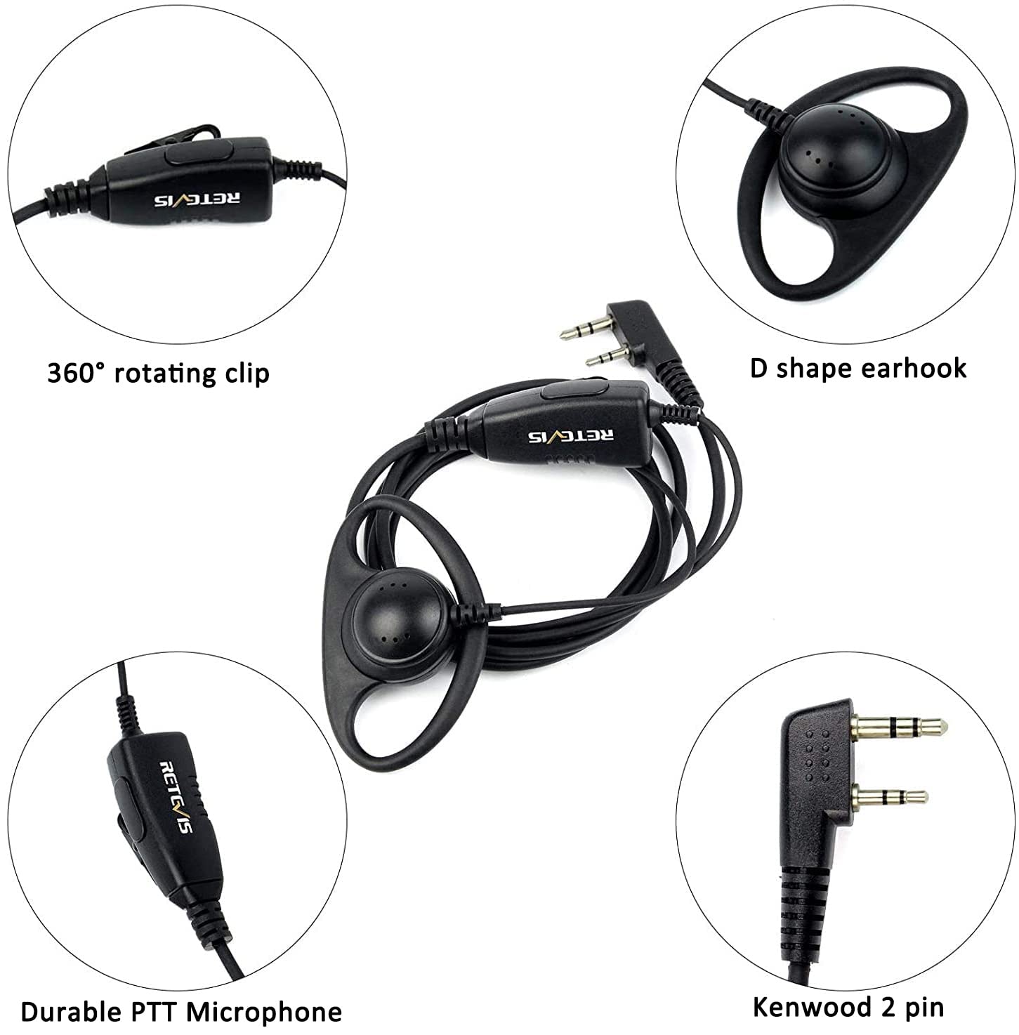 Retevis 2 Way Radio Earpiece With Mic, D Type Walkie Talkie Earpiece, 2 Pin, For Rt22 Rt68 Rt21 H 777 Rt22S Rb29 Rb45, Compatible With Baofeng 888S Uv 5R Two Way Radios, Two Way Radio Headset(1 Pack)