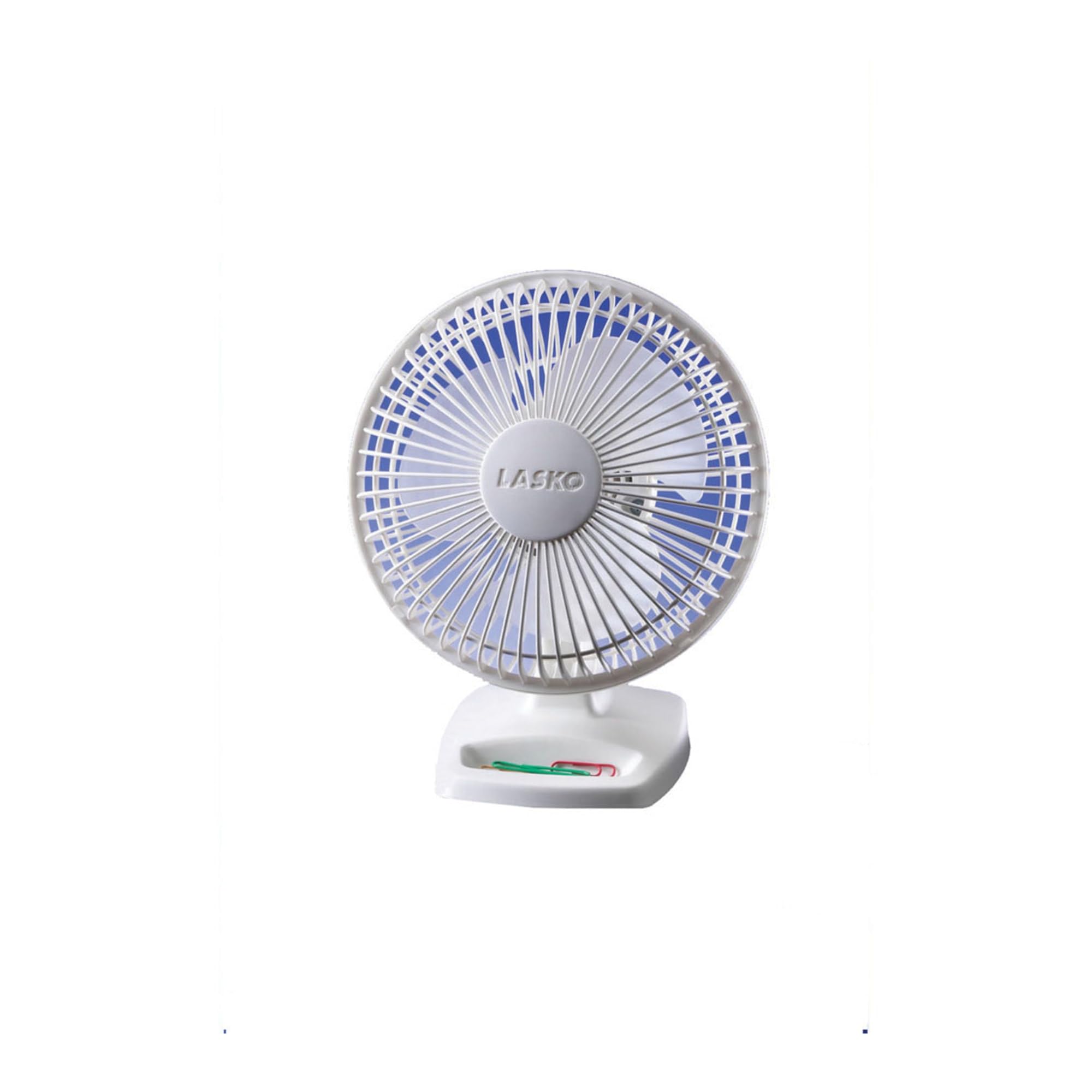 Lasko Personal Table Fan With Storage Tray, 2 Quiet Speeds, Tilt Back Fan Head For Home Office, Bedroom, 6'', White, 2002W