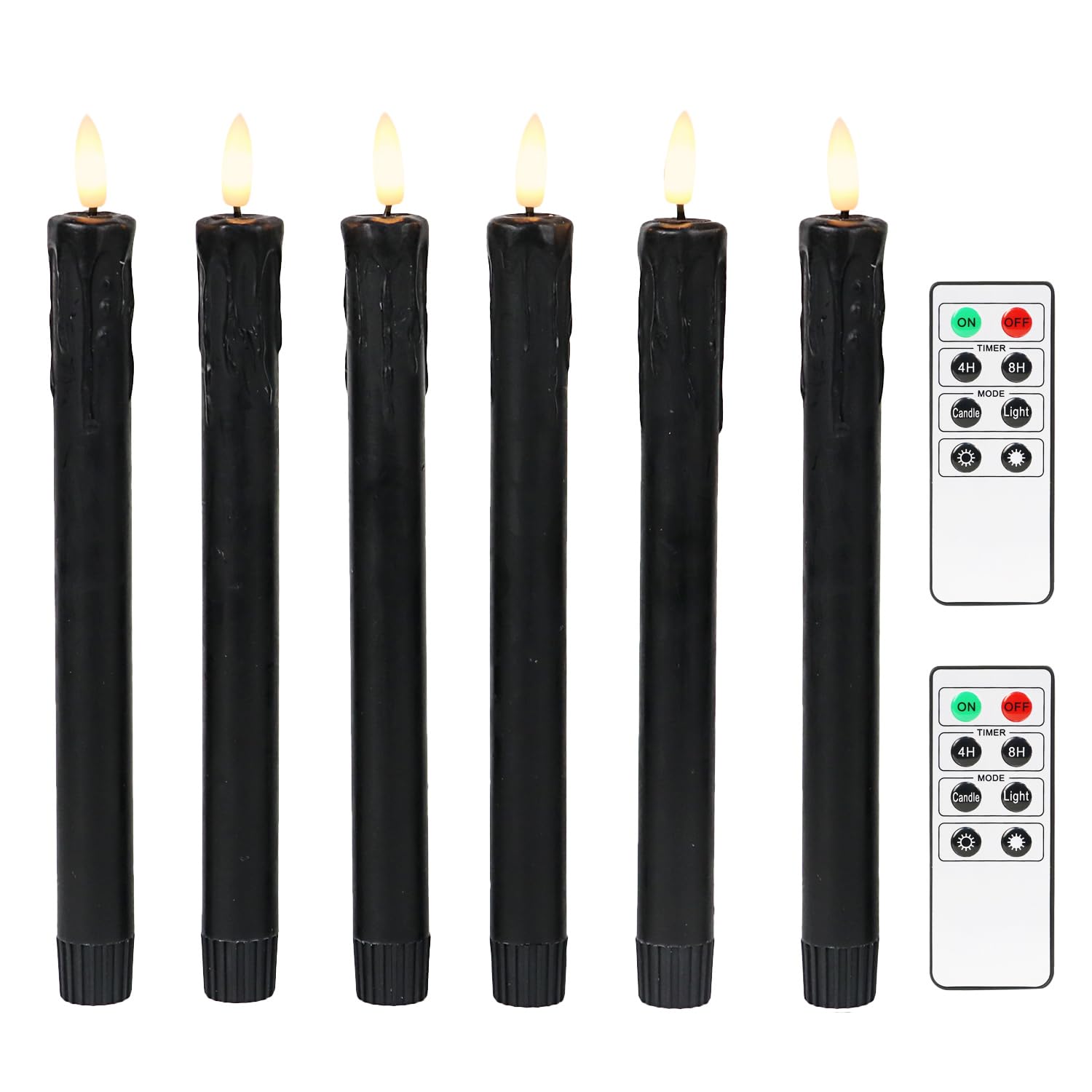 Fanna Black 10'' Flameless Taper Candles For Halloween With 2 Remotes, Battery Operated Candles With Timer Wax Dripping, Warm Wh